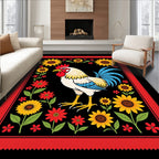 Bold Rooster Floral Border Design Rug