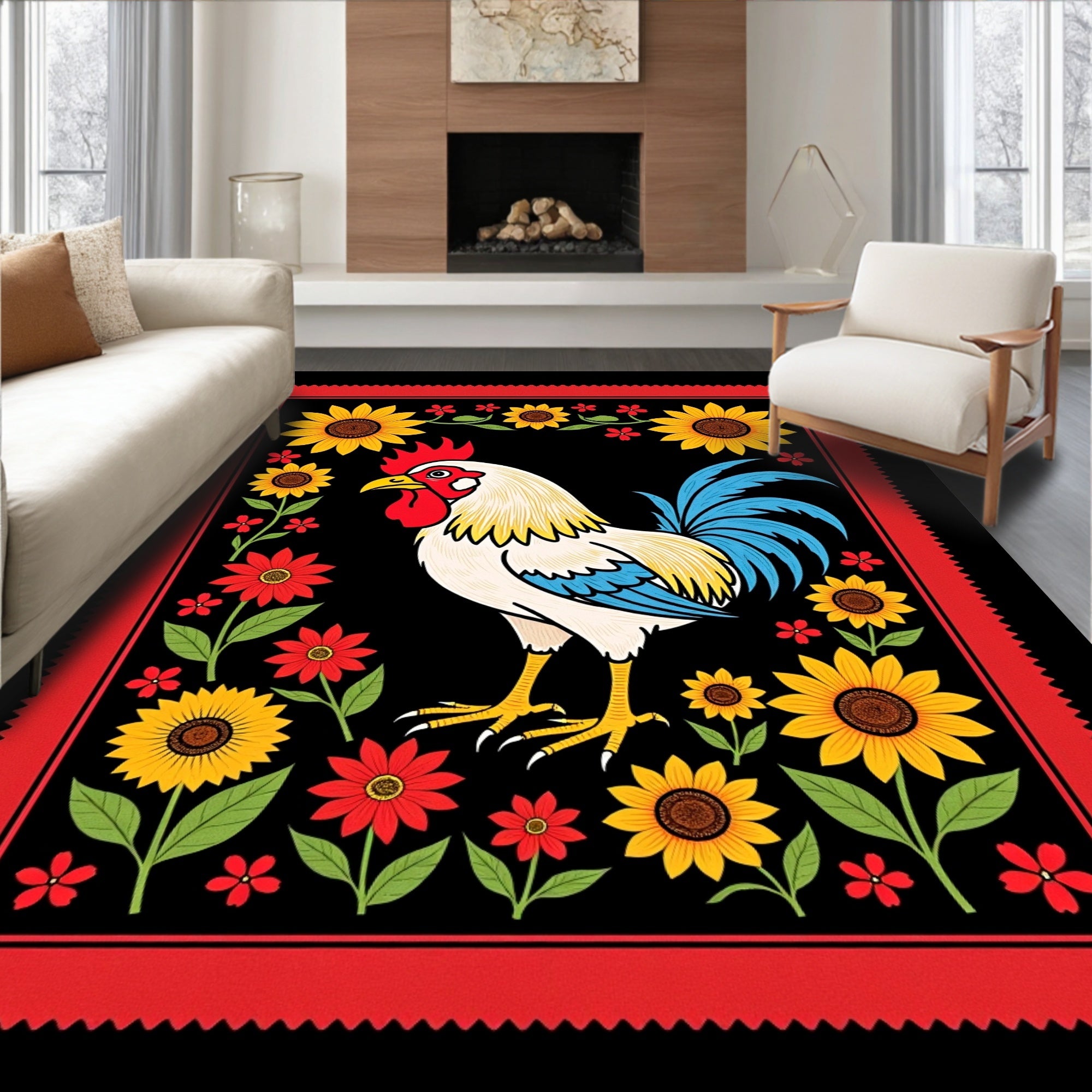 Bold Rooster Floral Border Design Rug