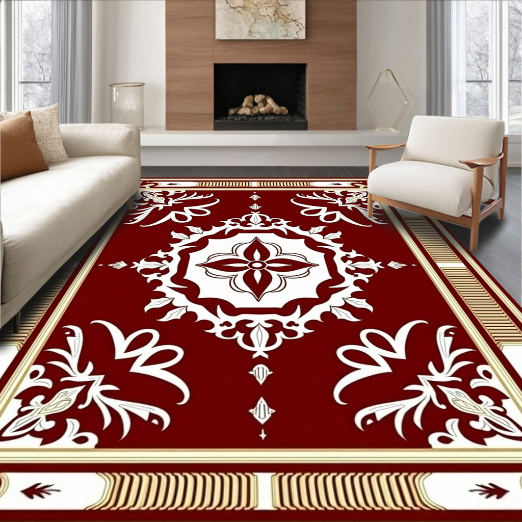 Maroon Cream Floral Centerpiece Rug
