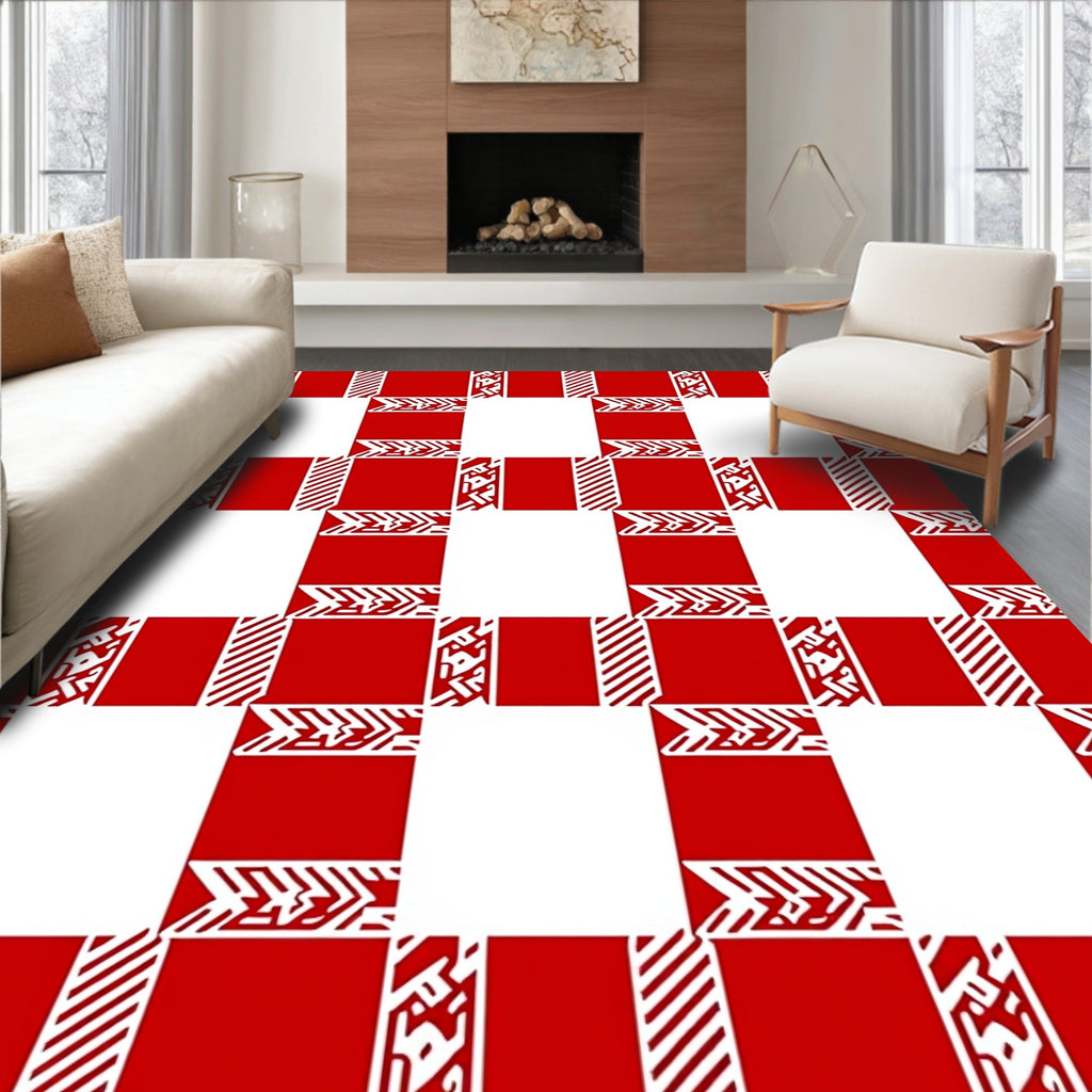 Red White Geometric Check Design Rug
