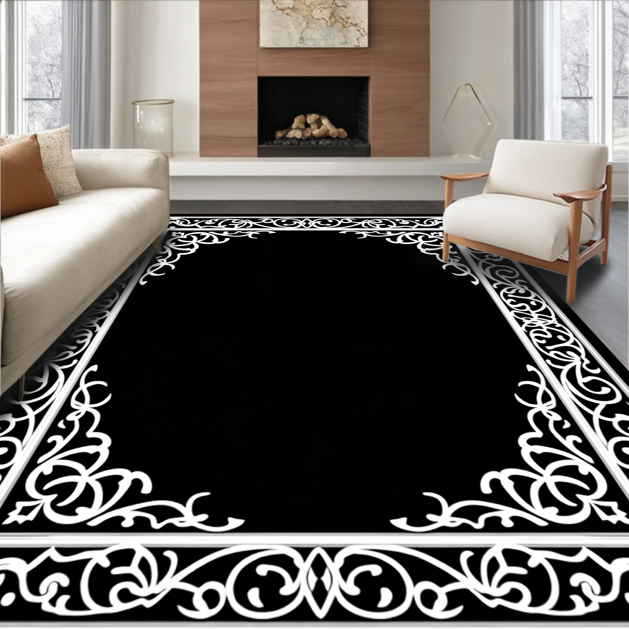 Ornate White Scrollwork Geometric Pattern Rug