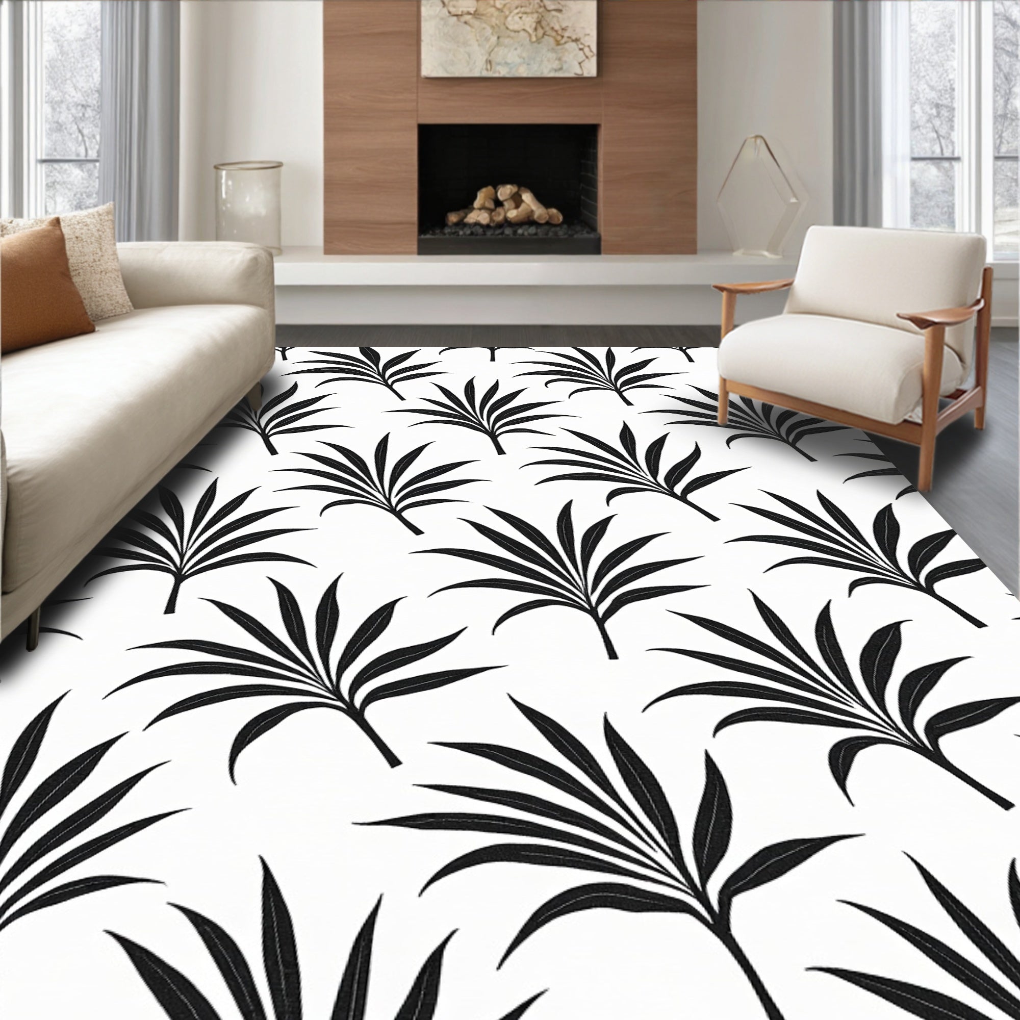 Black Palm Leaf Pattern Design Rug