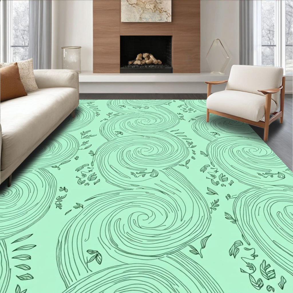 Mint Green Swirls Botanical Print Rug