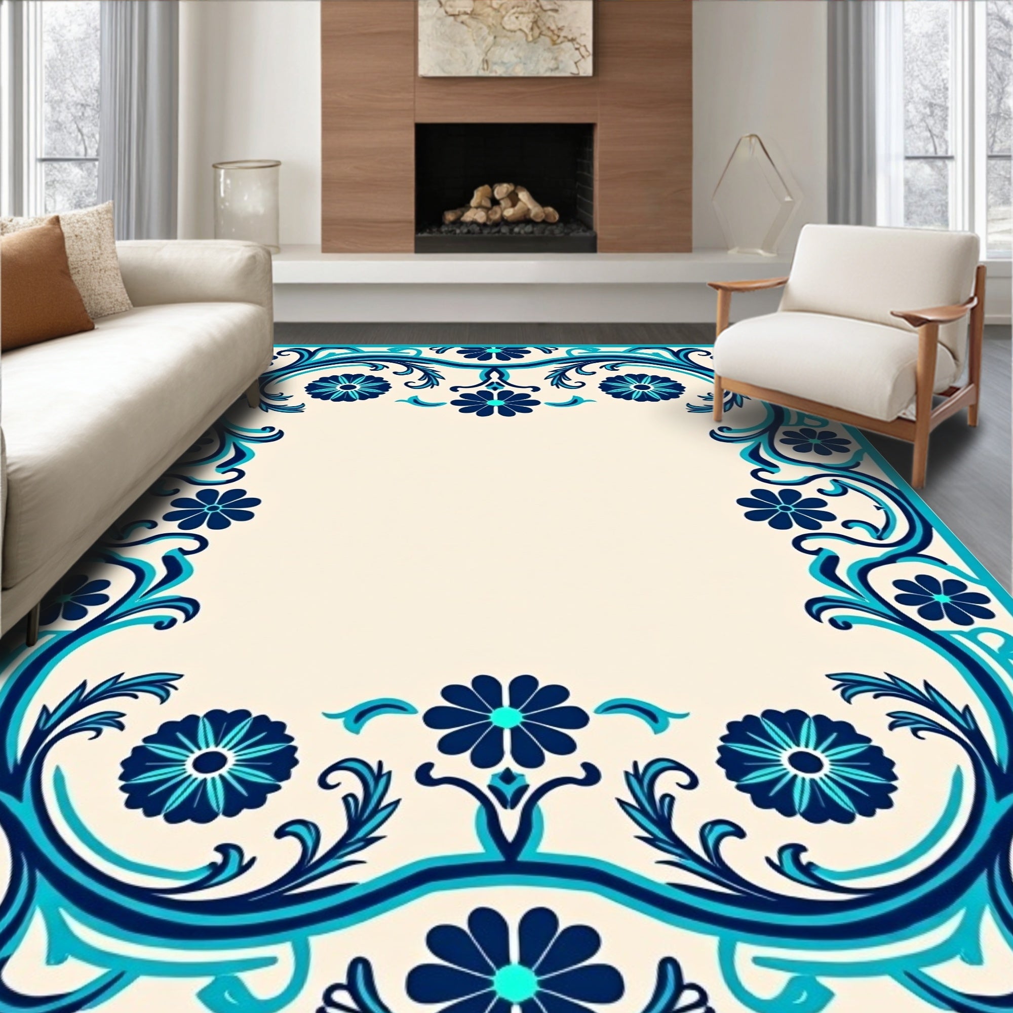 Intricate Blue Floral Vine Pattern Rug