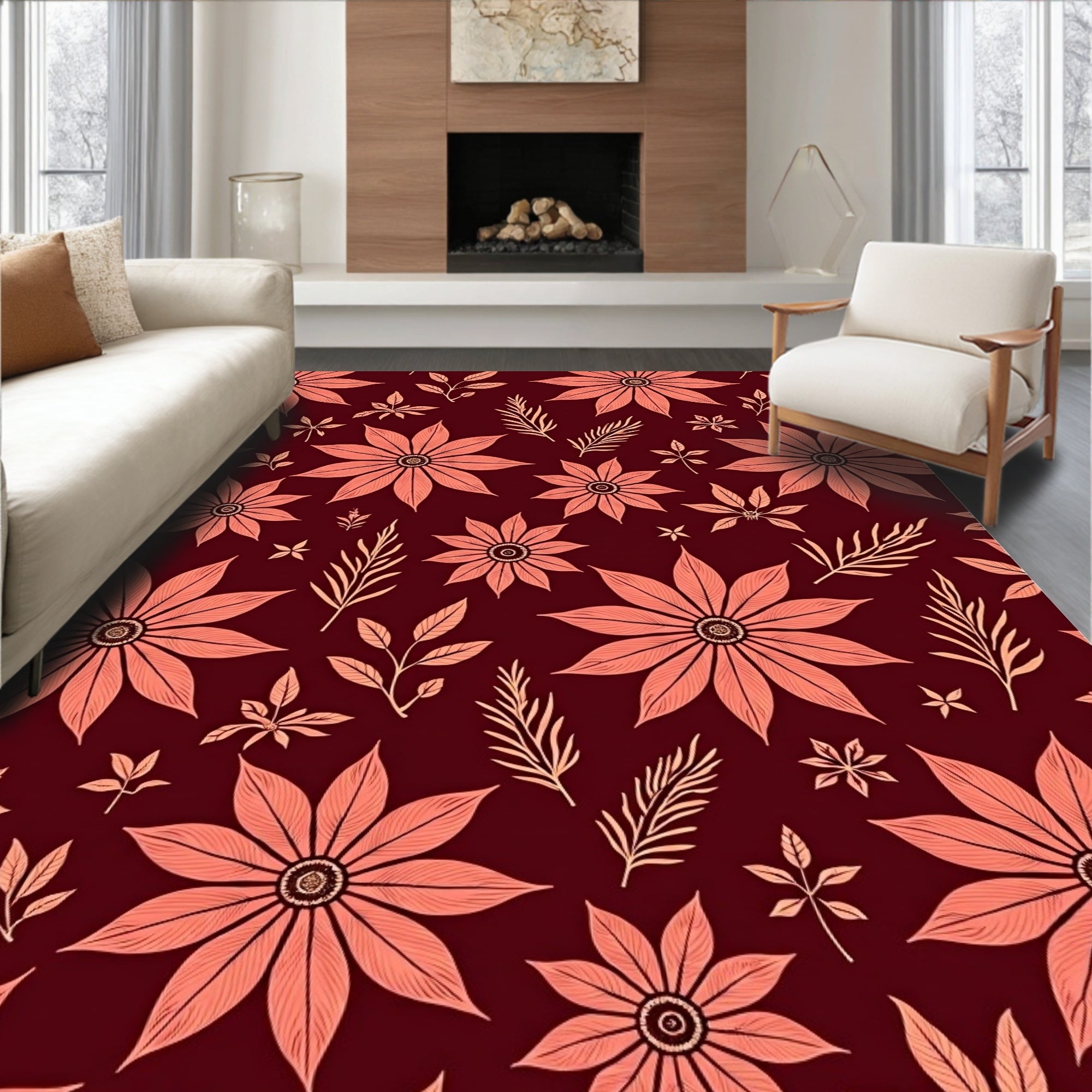 Deep Red Floral Leaf Collage Rug