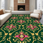Ornate Floral Patterned Green and Gold Rug