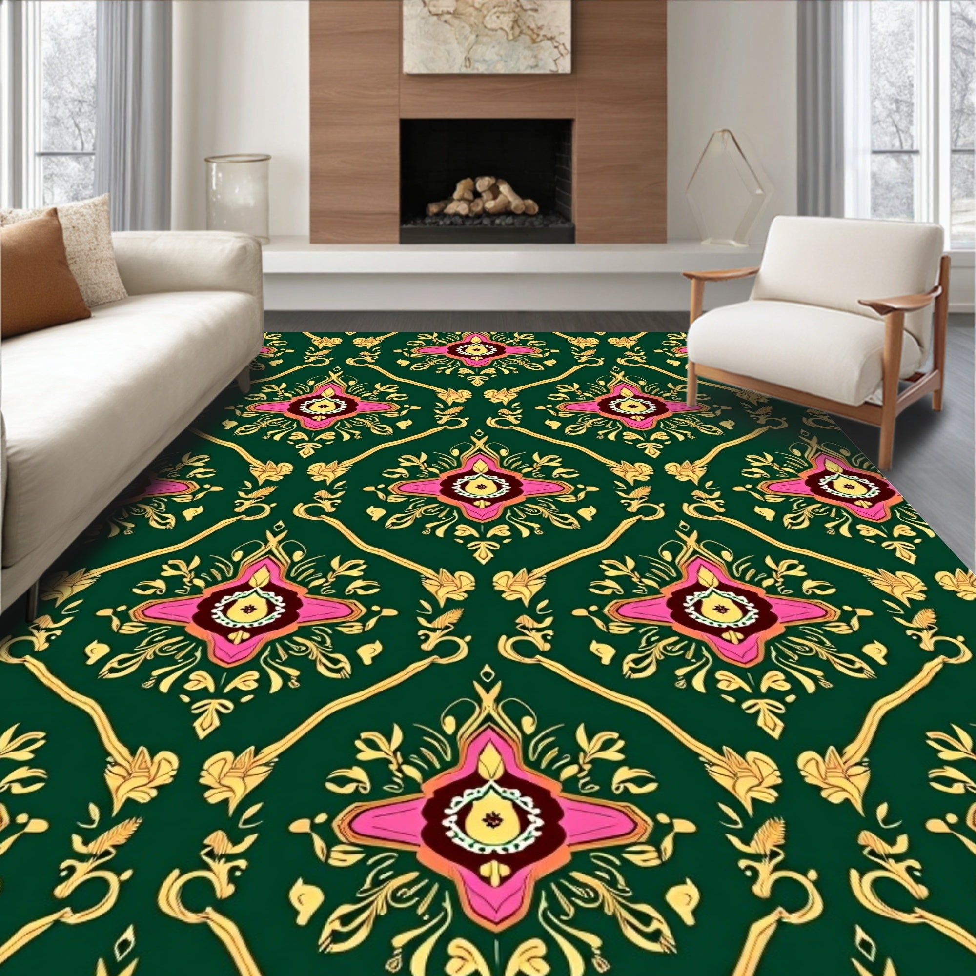 Ornate Floral Patterned Green and Gold Rug