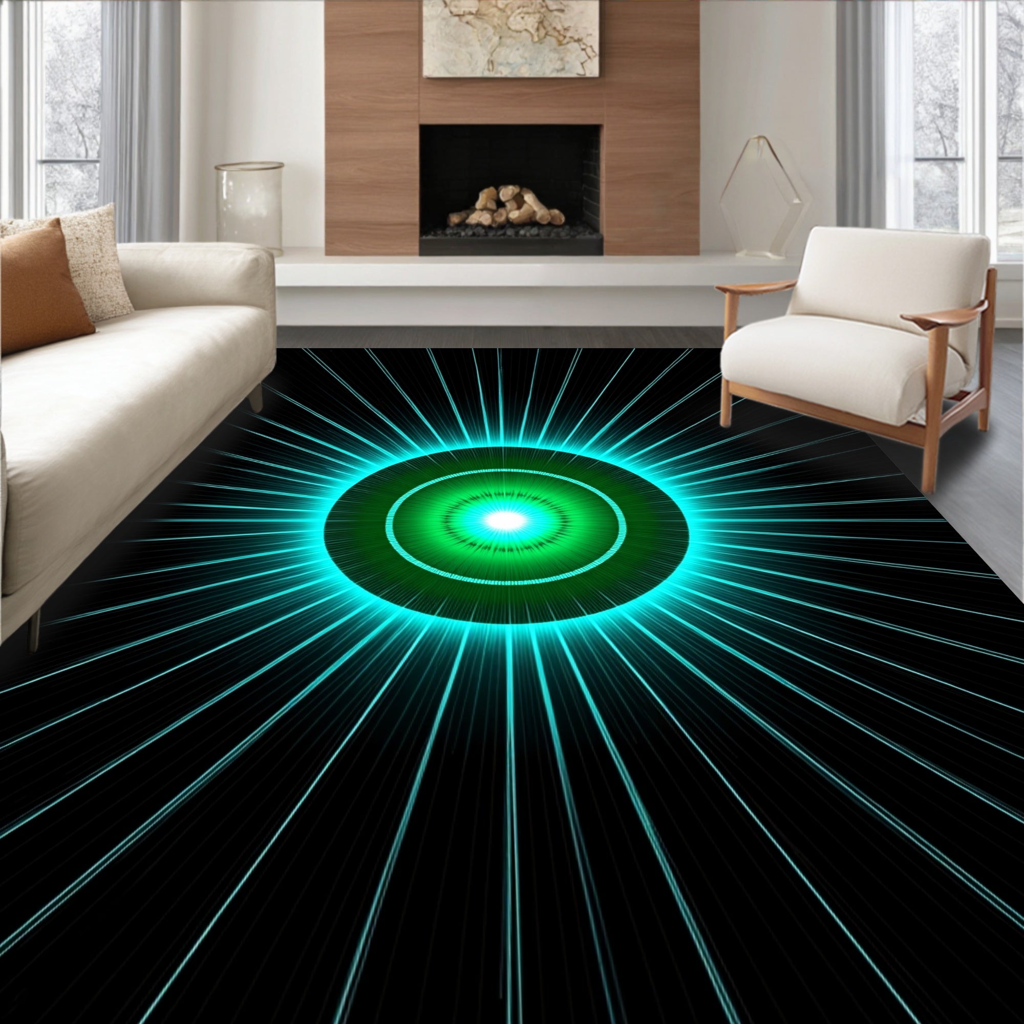 Radiant Green Blue Sunburst Design Rug