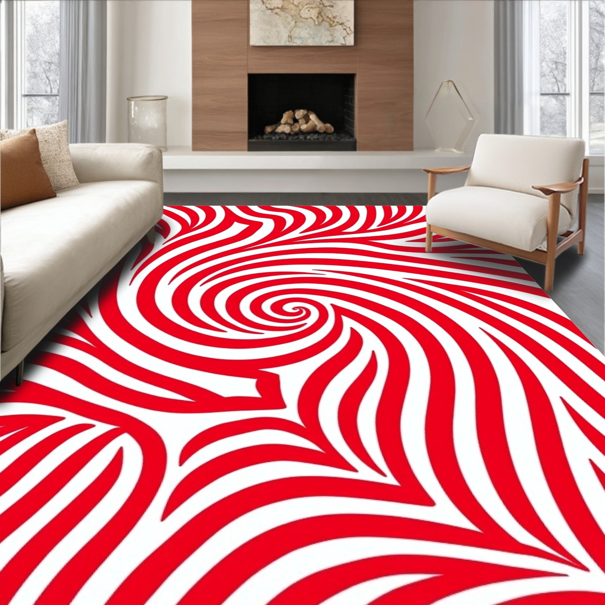 Crimson Swirl Abstract Stripe Rug