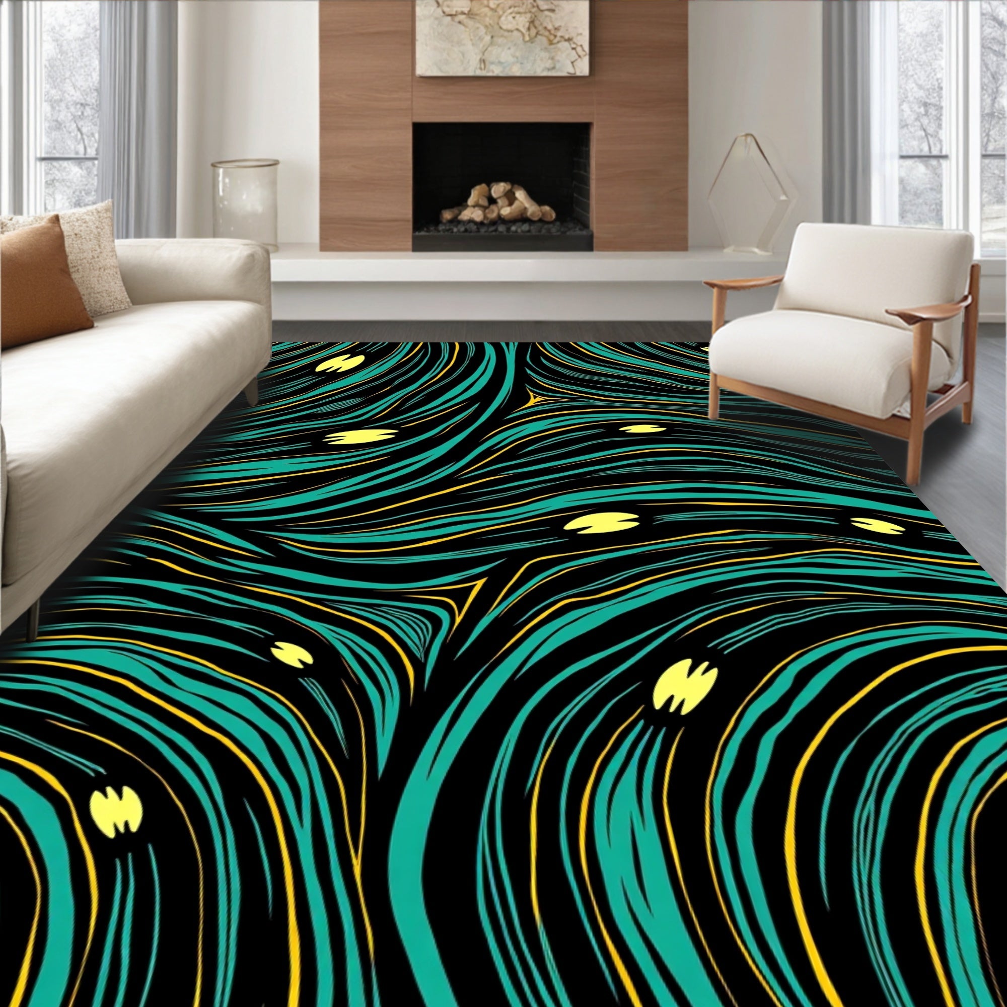 Abstract Teal Yellow Wave Pattern Rug