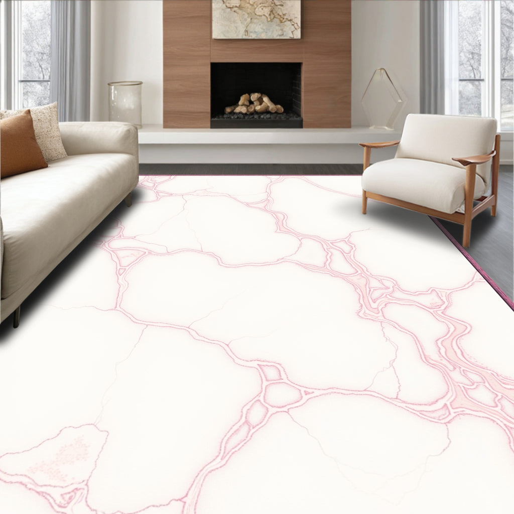 White Pink Veined Marble Pattern Rug