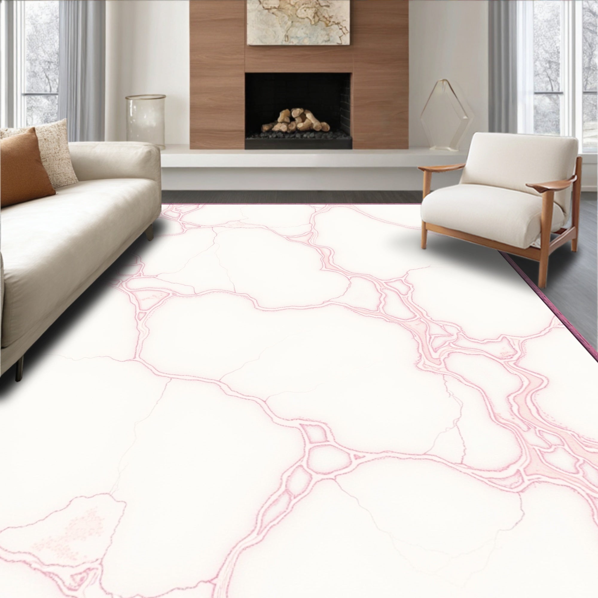 White Pink Veined Marble Pattern Rug