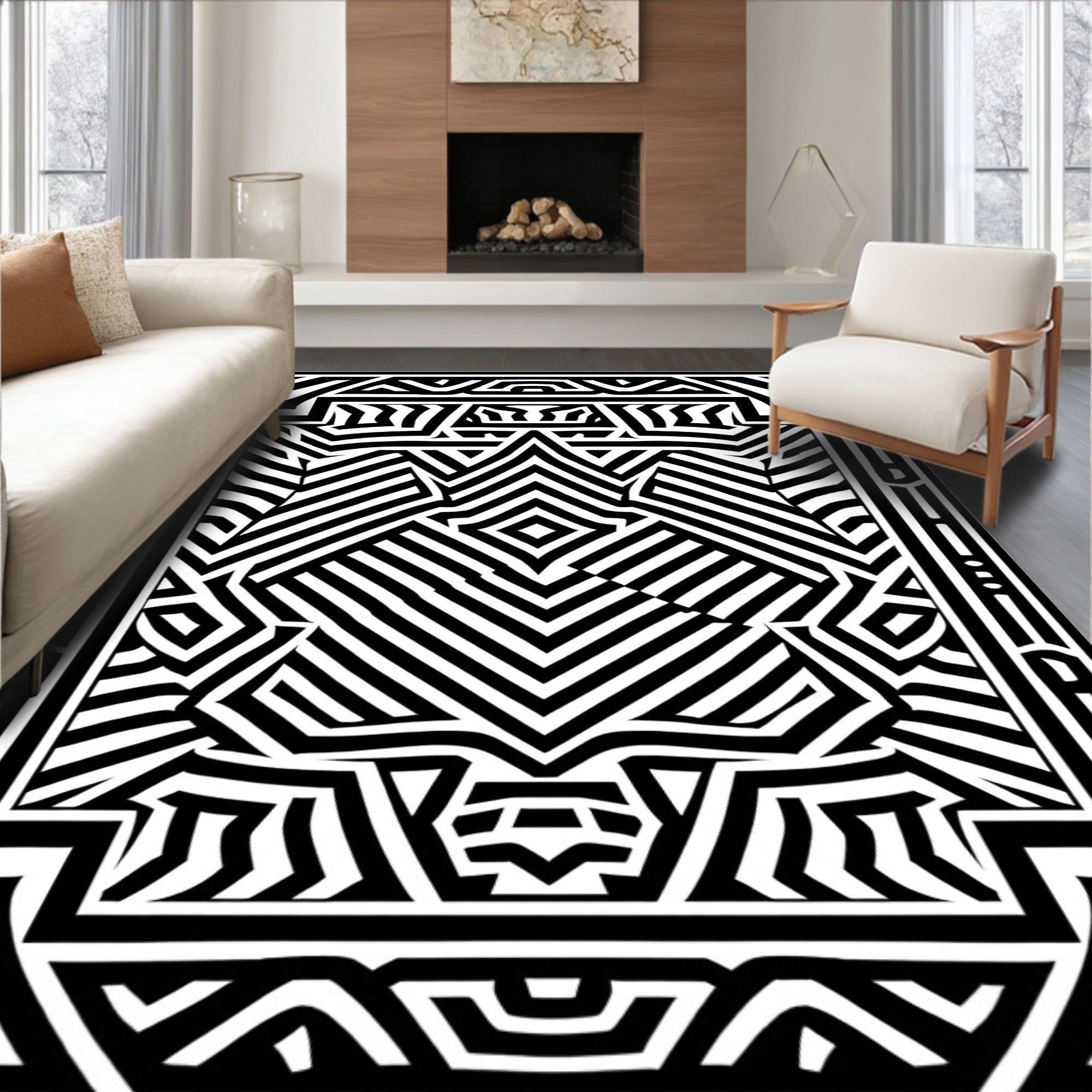 Black and White Abstract Geometric Maze Design Rug