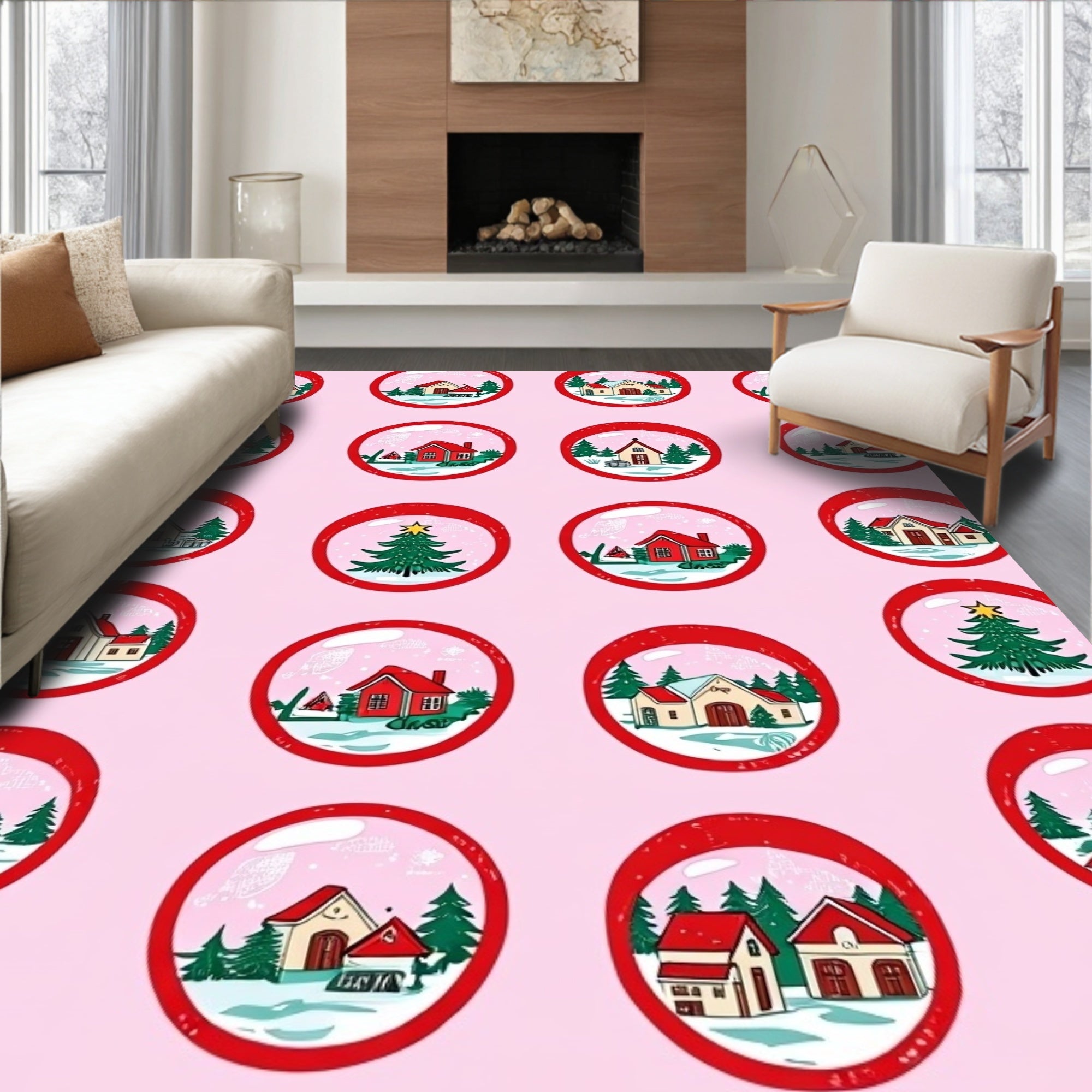 Winter Village Scene Festive Globes Design Rug