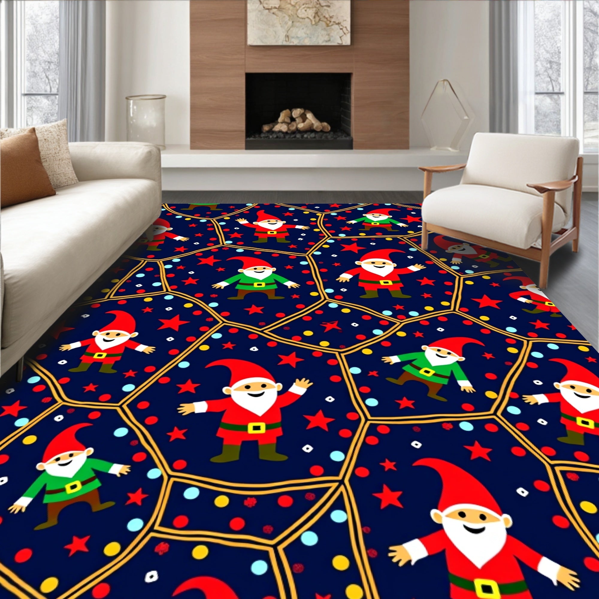 Festive Gnome Christmas Lights Stars Rug