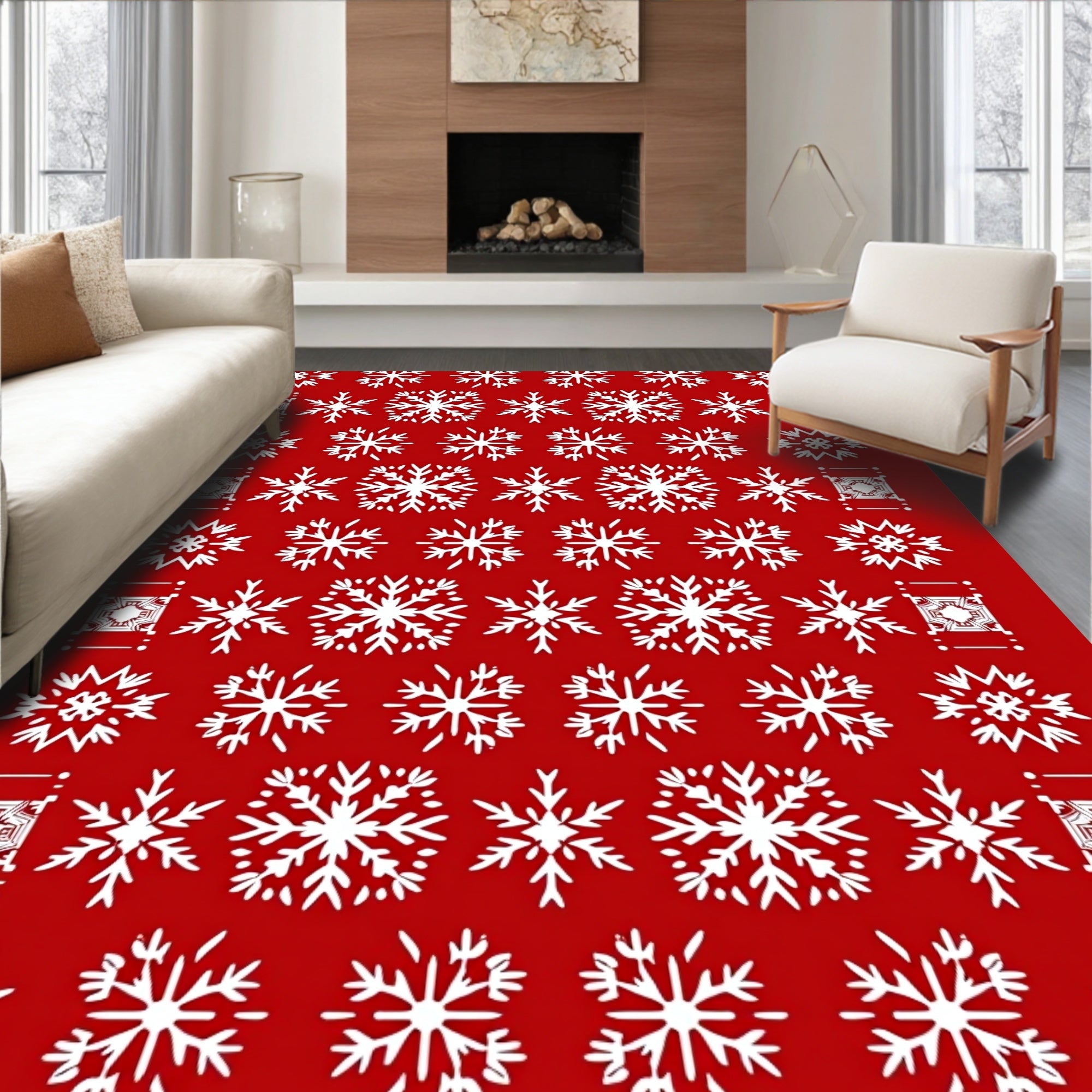 White Snowflakes On Red Background Design Rug