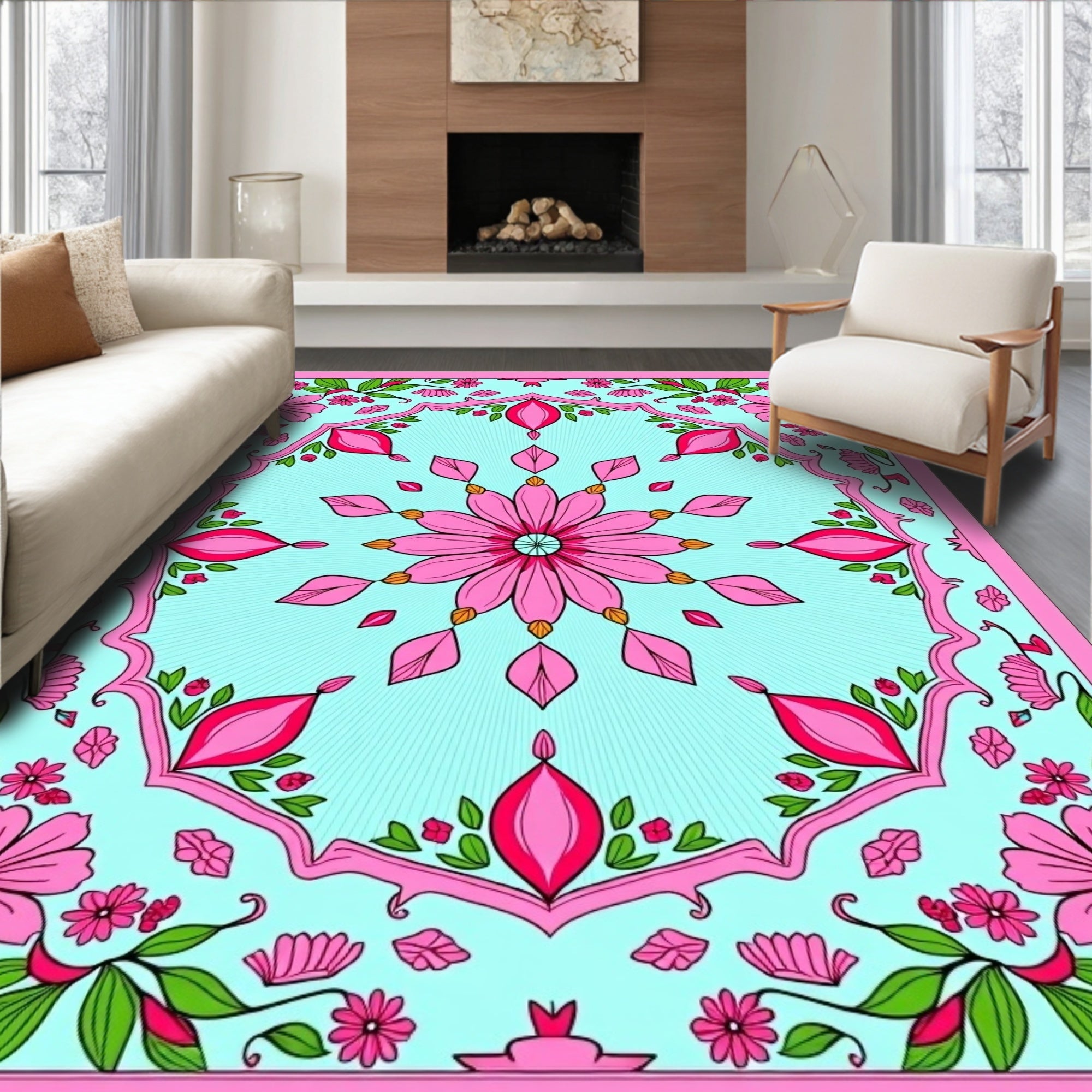 Pink Floral Medallion Mint Backdrop Rug