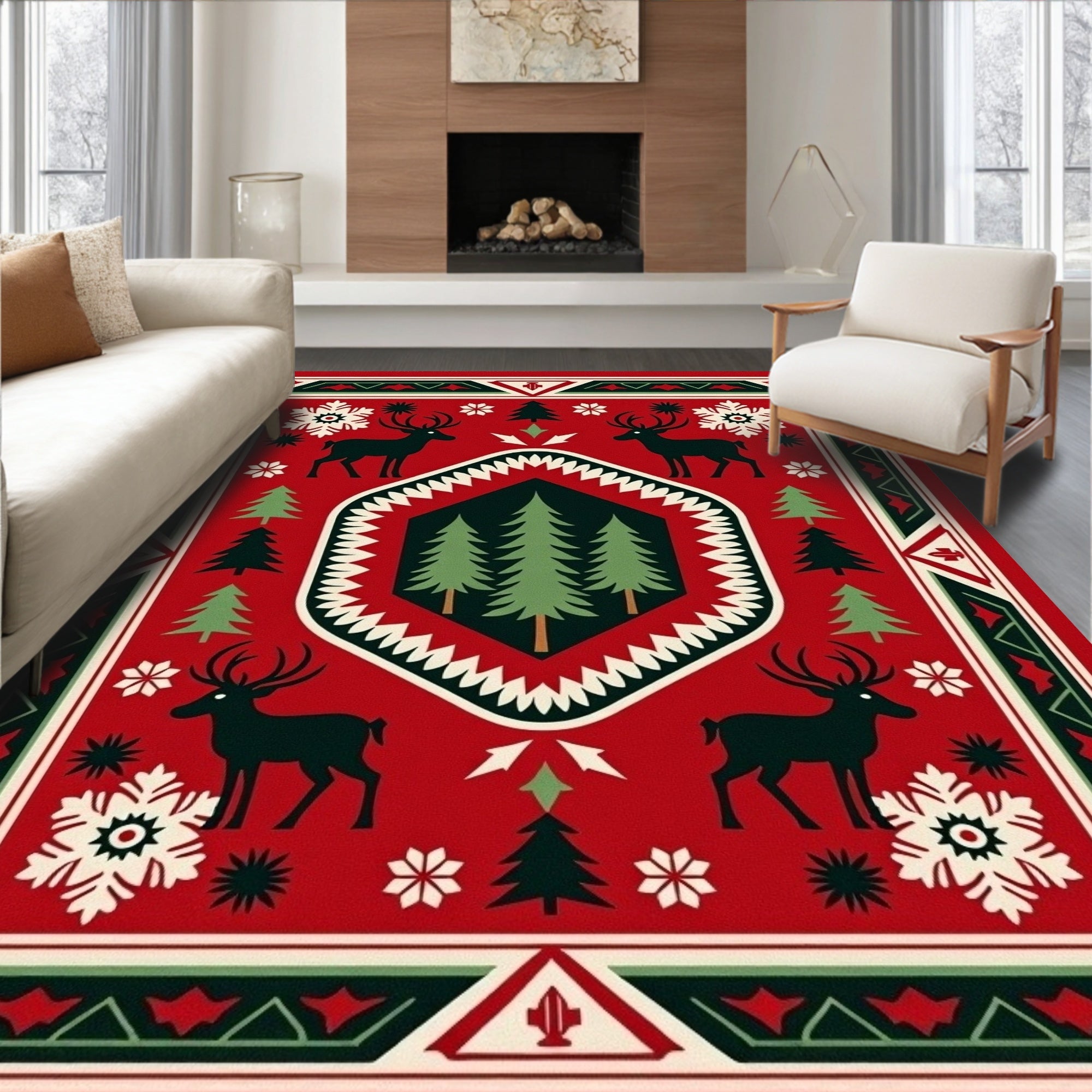 Rustic Woodland Deer Tree Motif Rug
