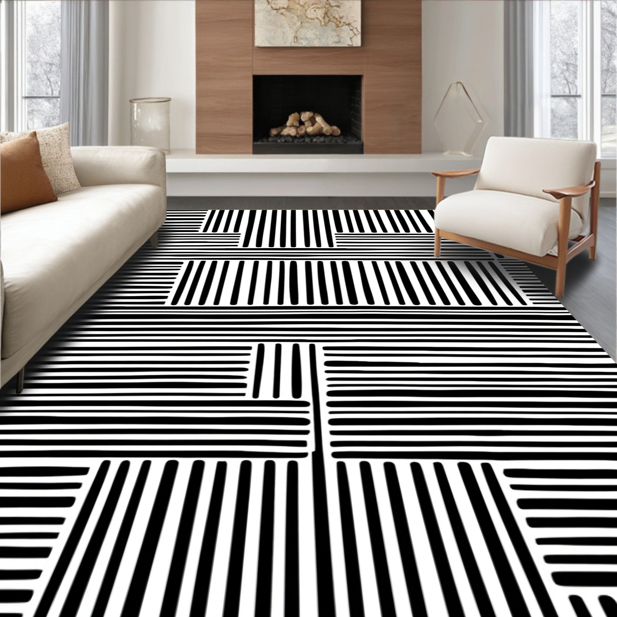 Bold Black White Geometric Stripe Rug