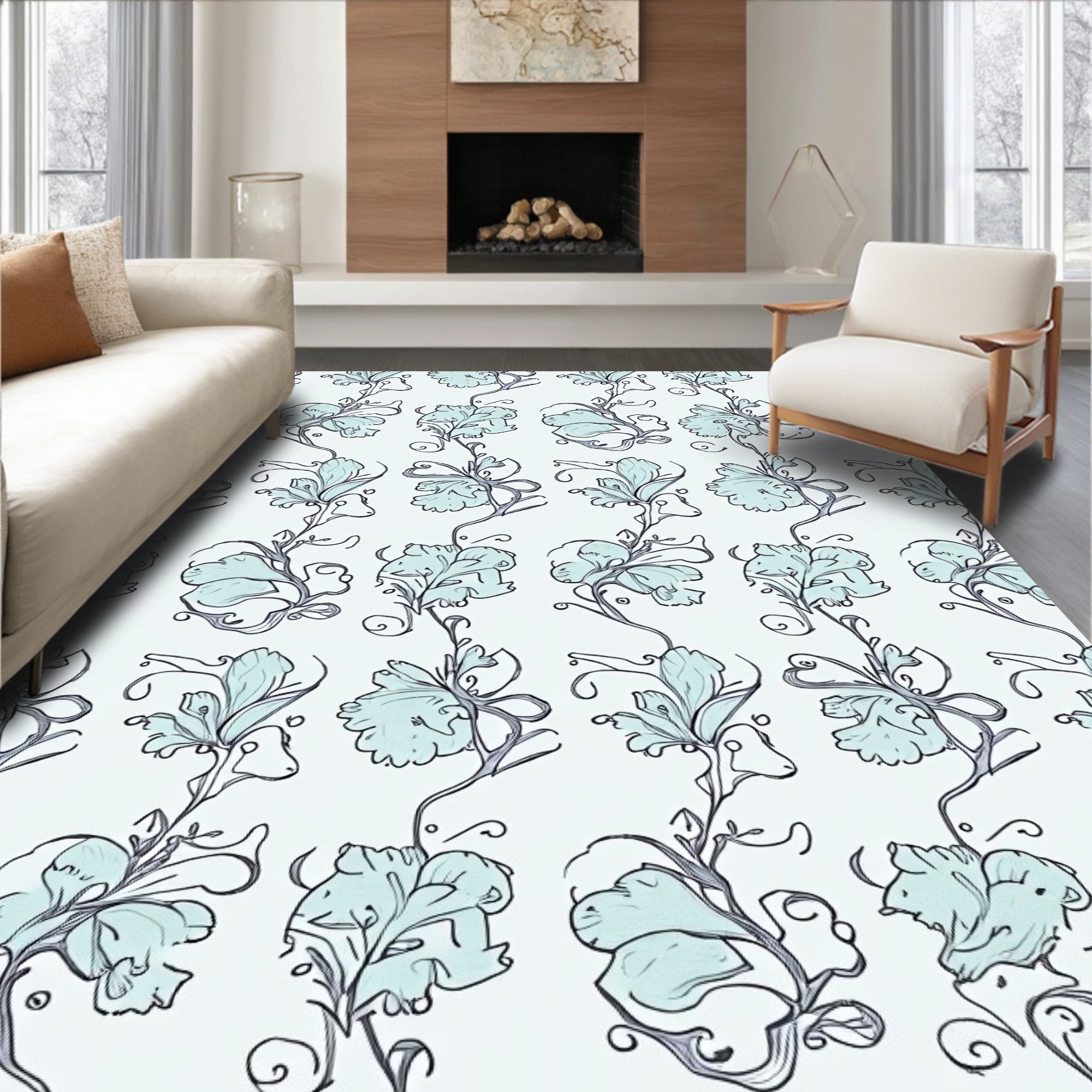 Soft Blue Floral Swirl Pattern Rug