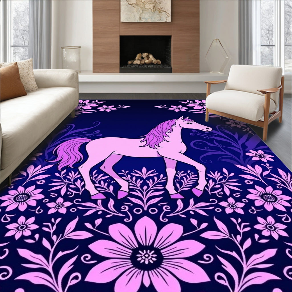 Enchanting Pink Horse Floral Design Rug
