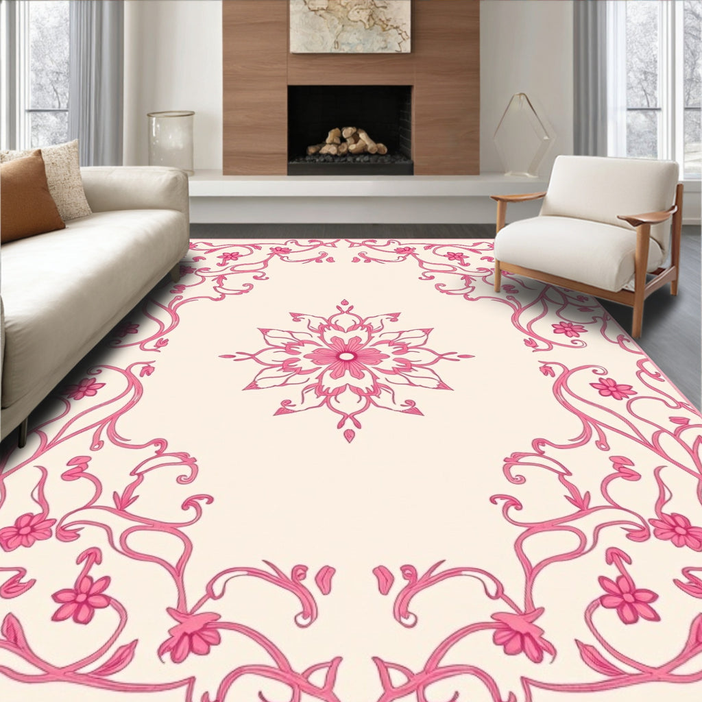 Pink Floral Vines Mandala Design Rug