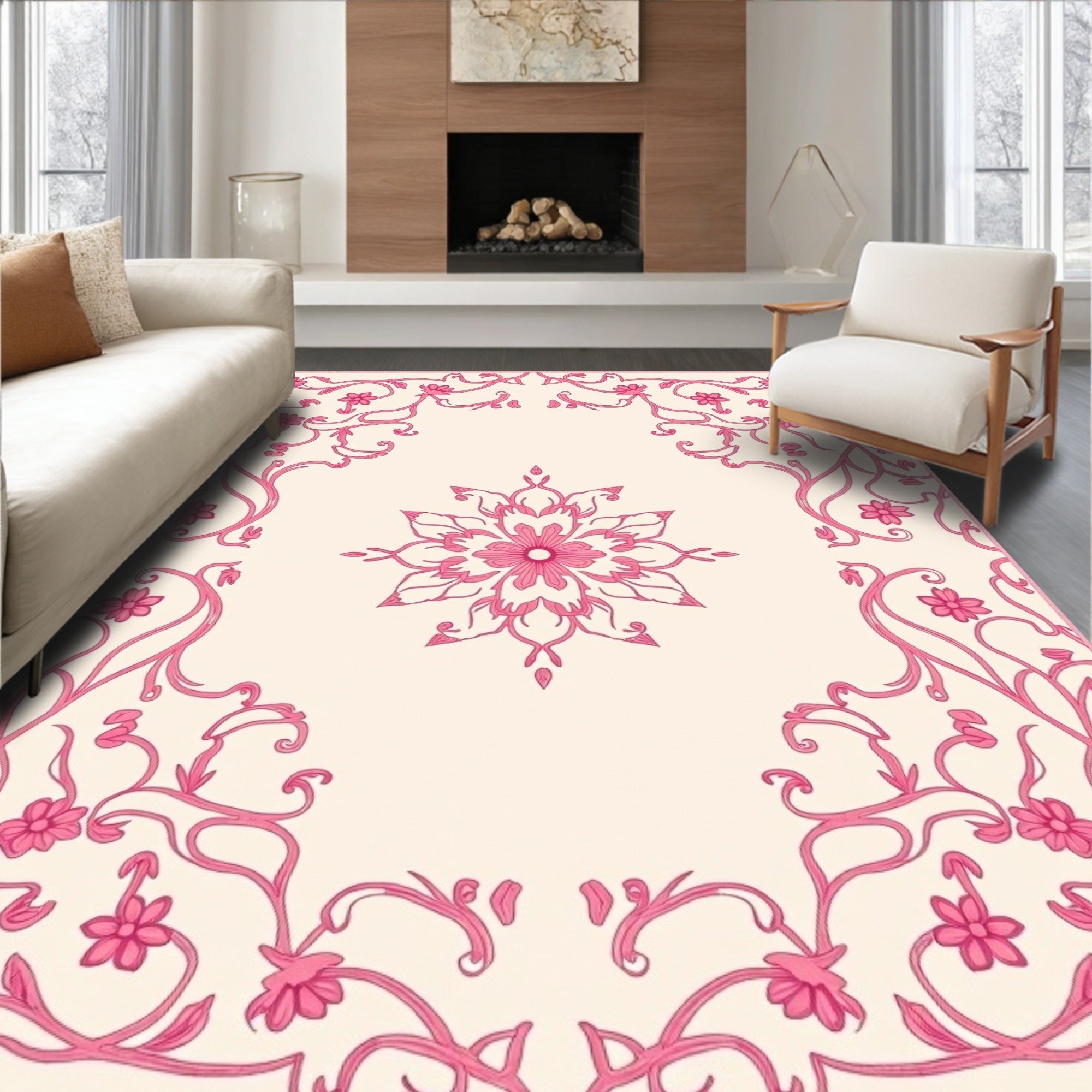 Pink Floral Vines Mandala Design Rug