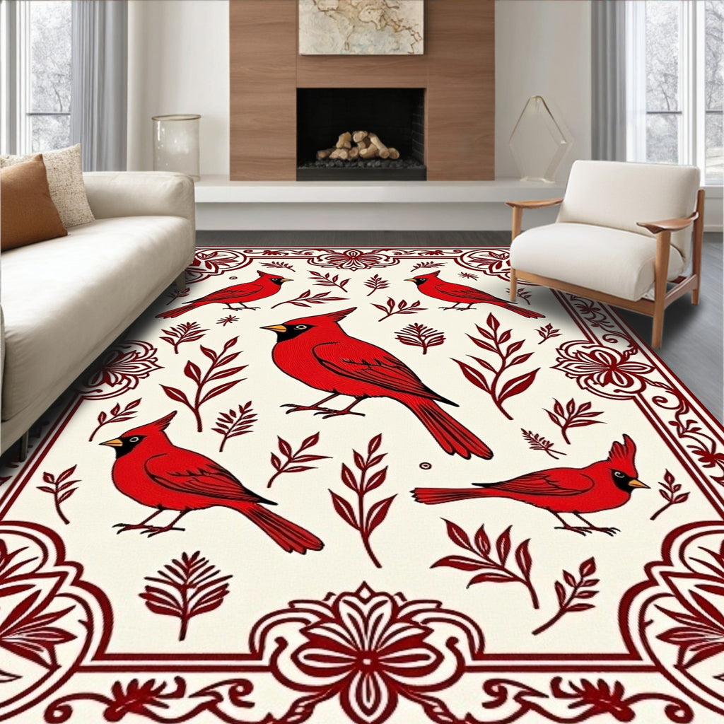 Crimson Cardinal Bordered Botanical Design Rug