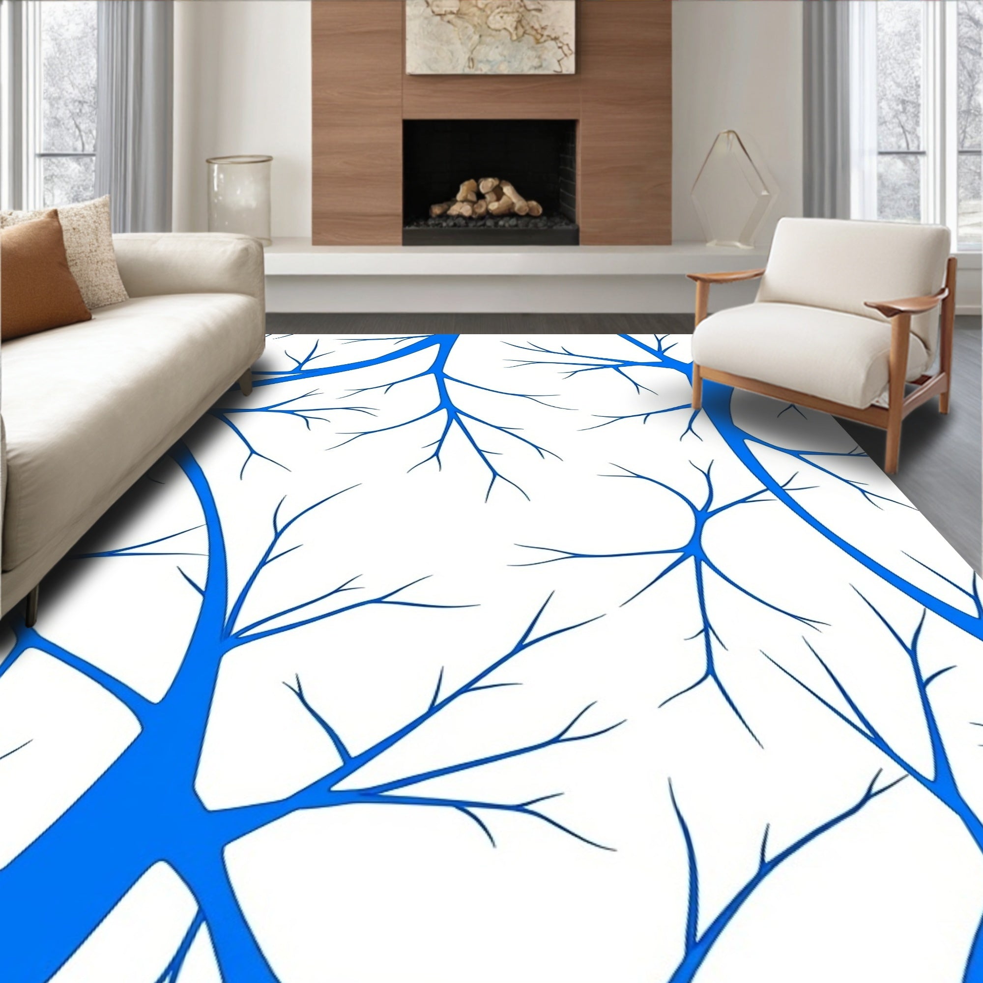 Bold Blue Branch Pattern Design Rug