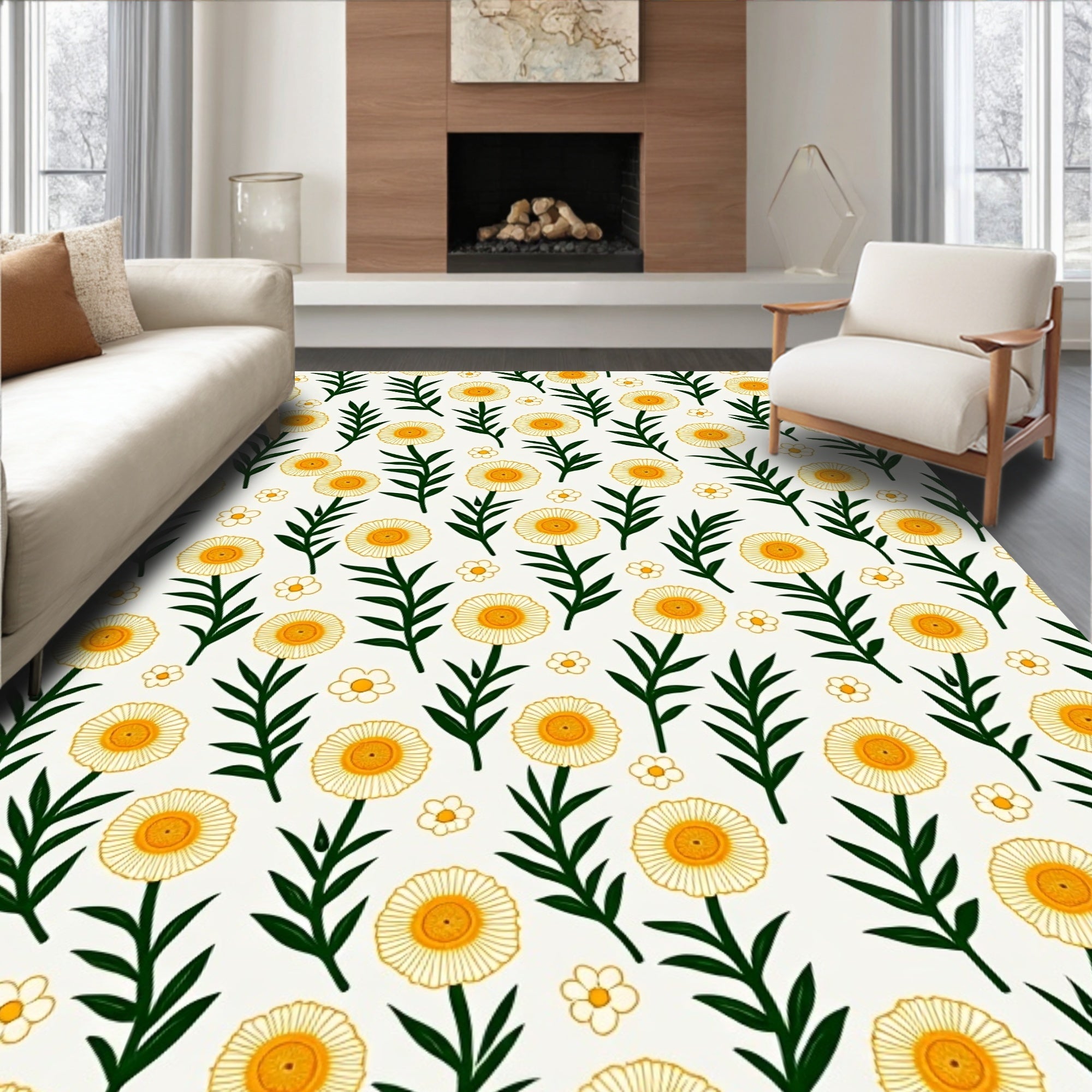 Retro Yellow Daisy Floral Pattern Rug