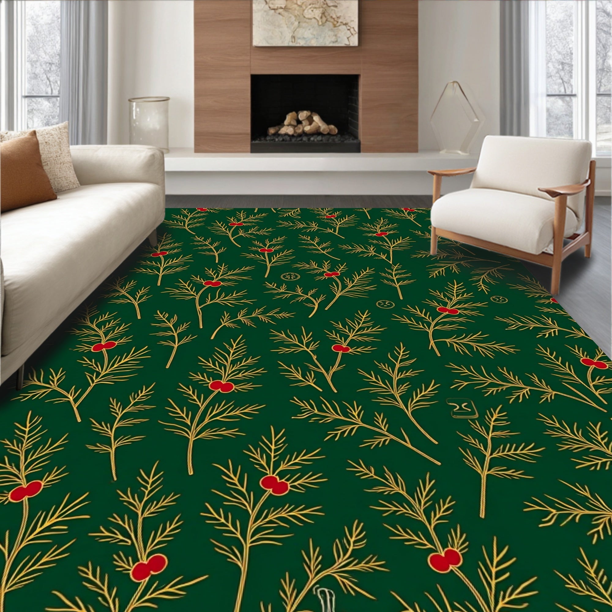 Emerald Red Berry Pine Sprig Rug
