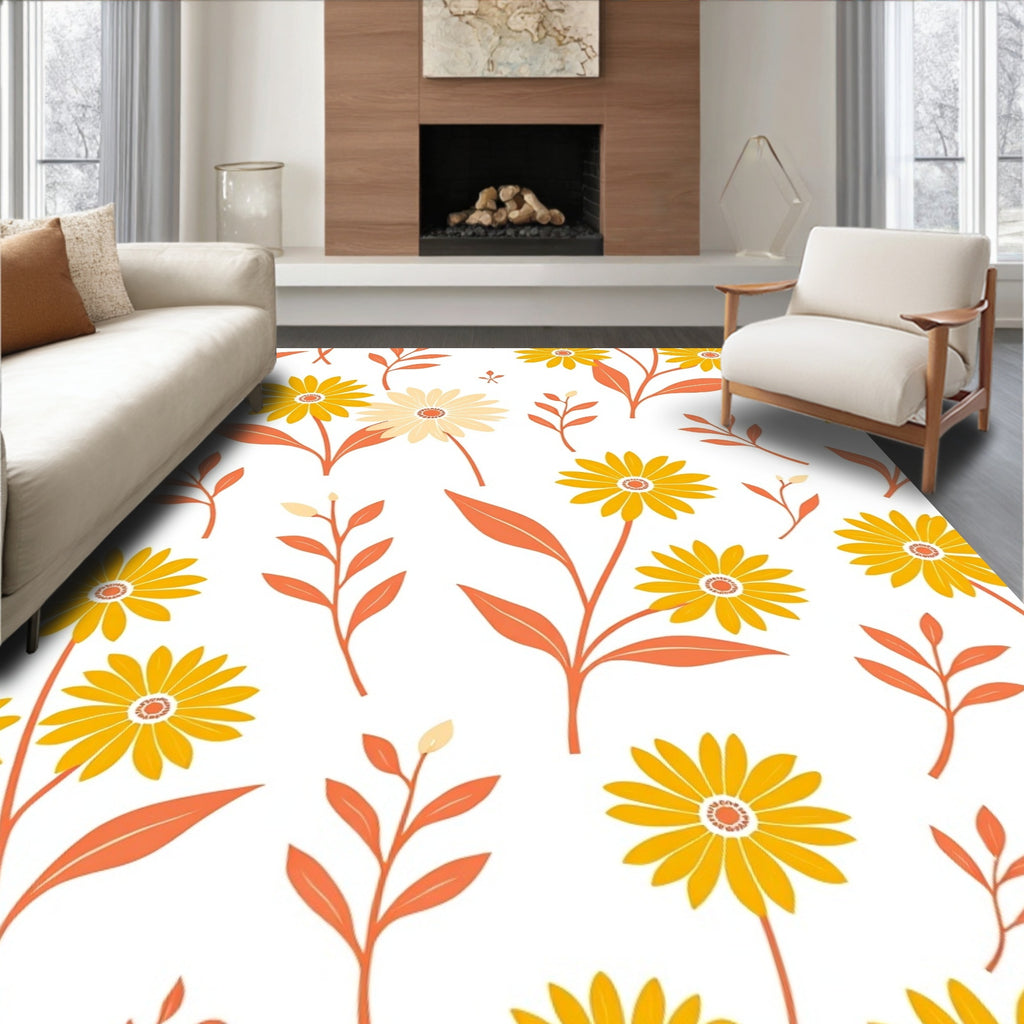 Daisy Floral Pattern with Orange Stems Rug