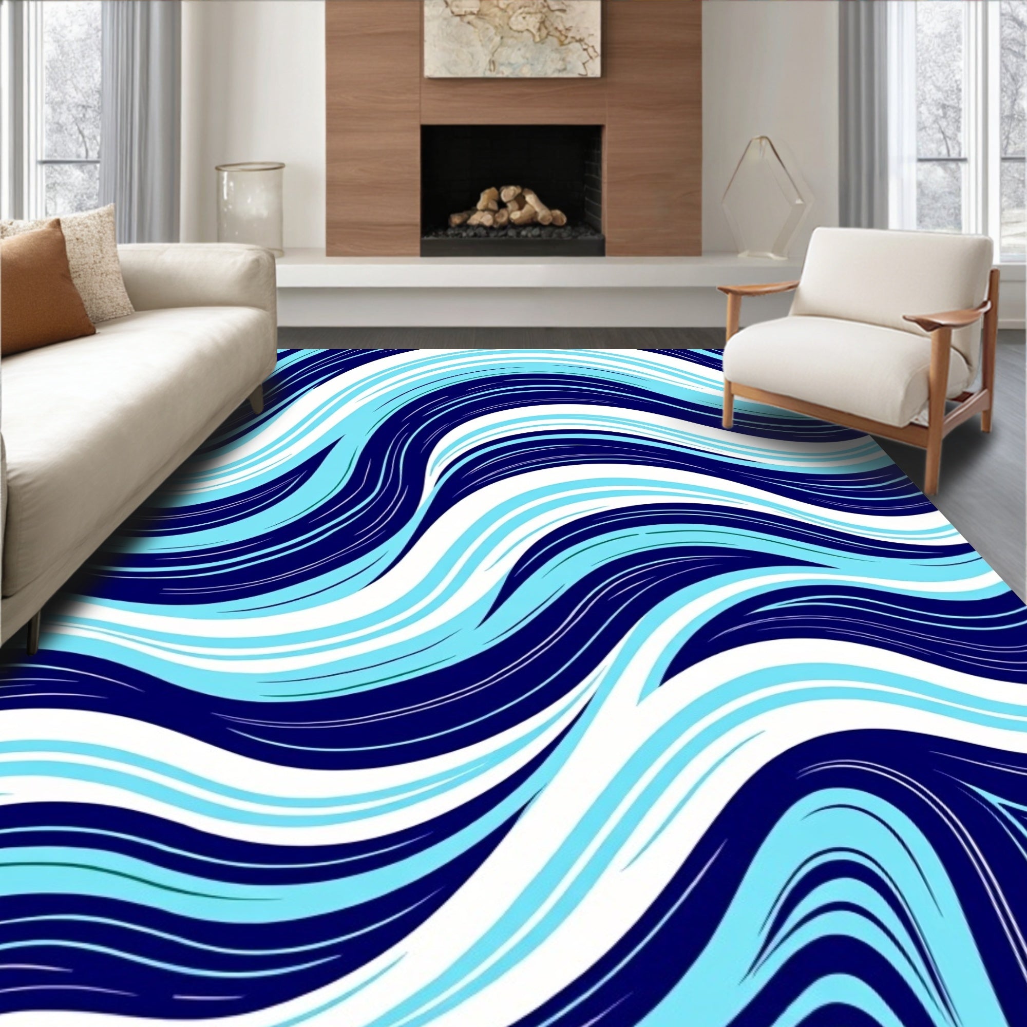 Navy Teal Fluid Wave Rug
