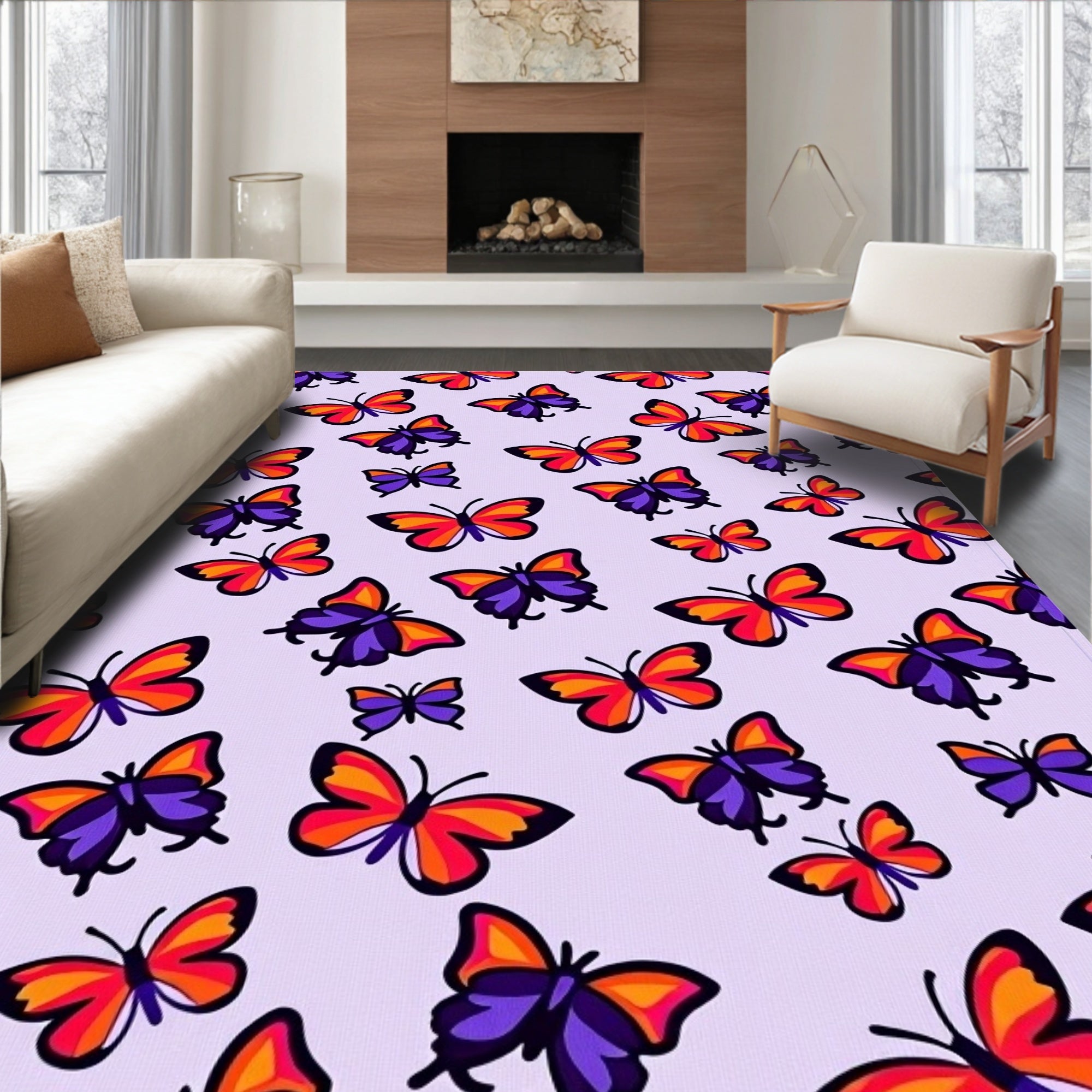 Vibrant Butterfly Patterned Contemporary Rug