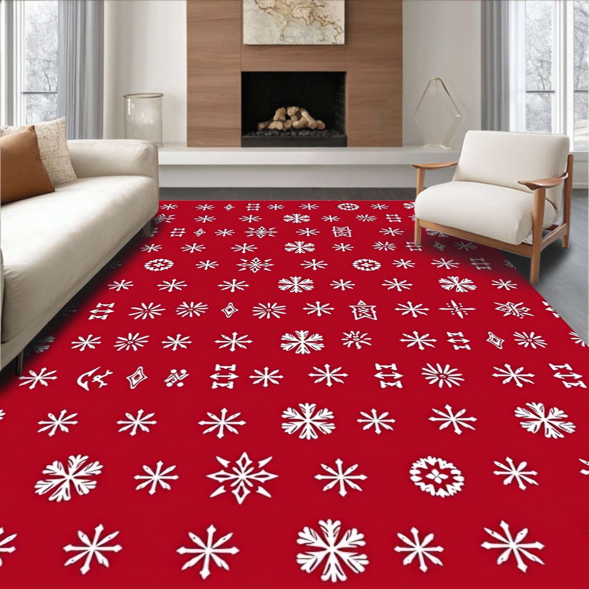 White Snowflakes Red Background Rug