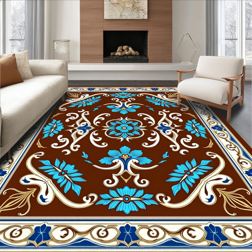 Ornate Teal Floral Brown Pattern Design Rug