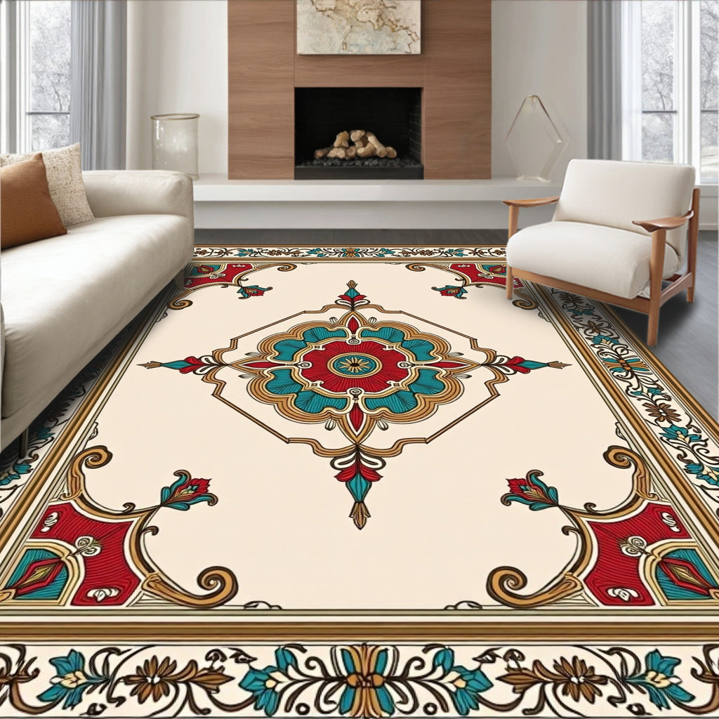 Ornate Floral Medallion Symmetry Design Rug