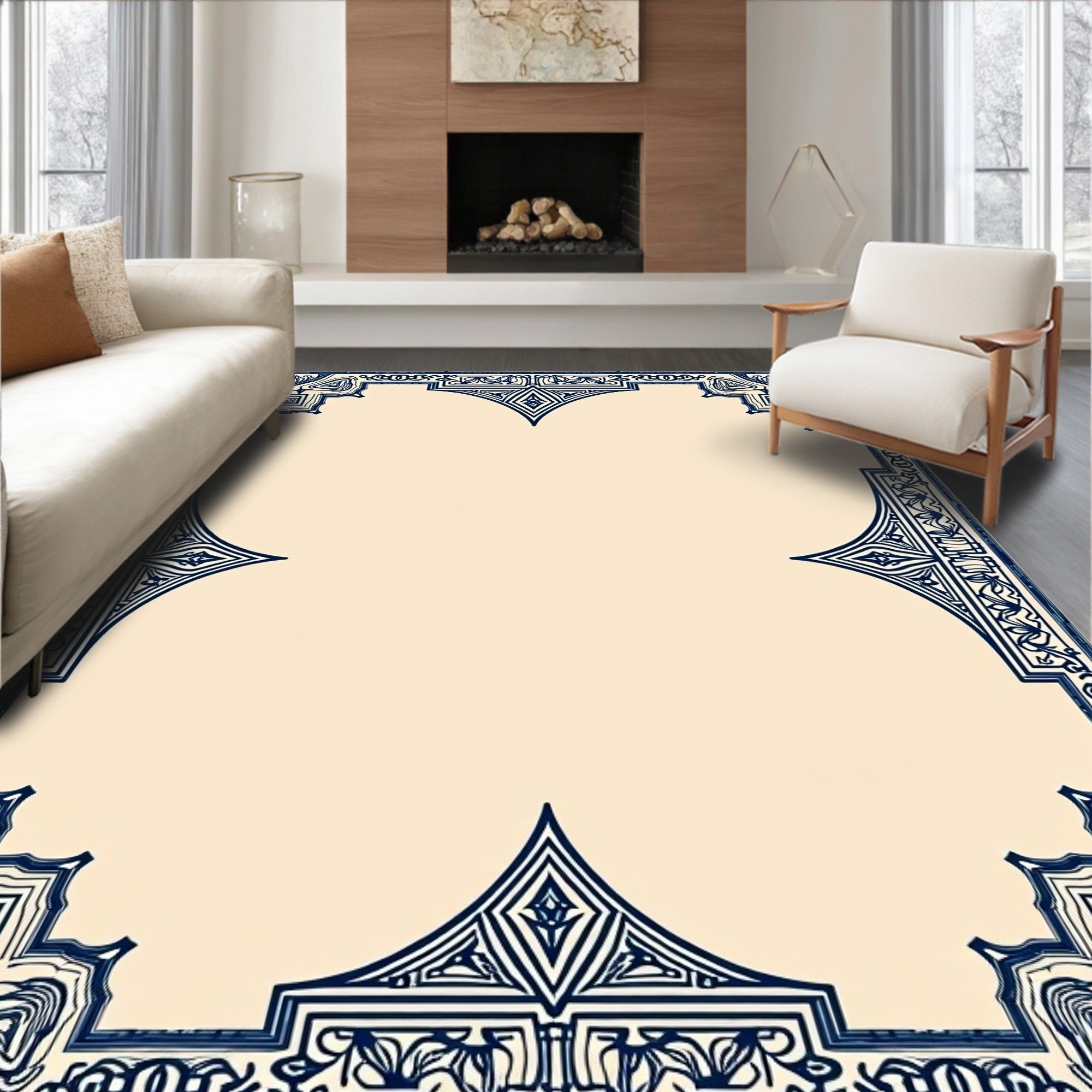 Intricate Blue Ivory Geometric Border Rug