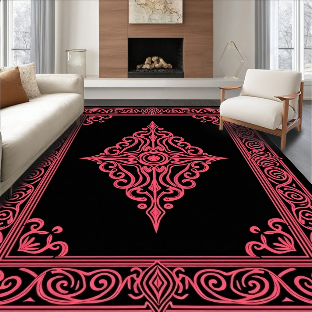 Ornate Pink Scrollwork Decorative Rug