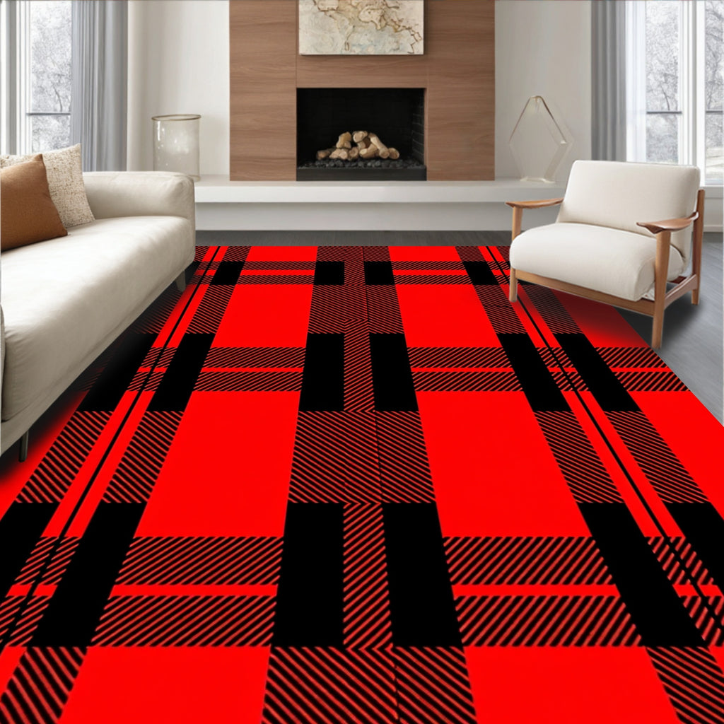 Bold Red Black Plaid Pattern Rug