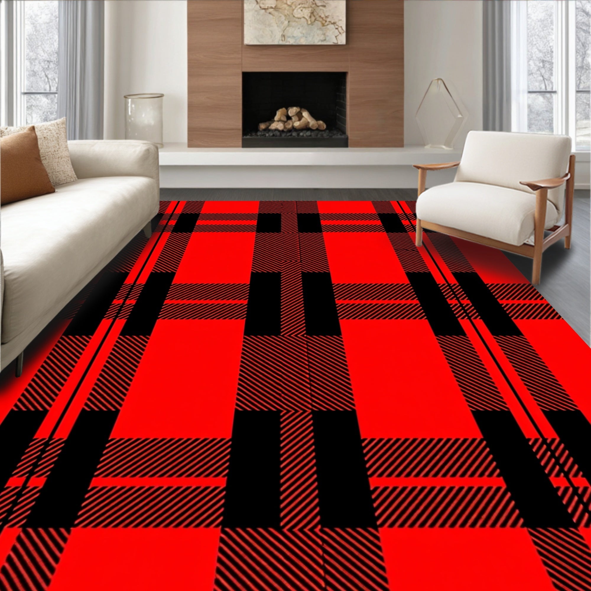 Bold Red Black Plaid Pattern Rug