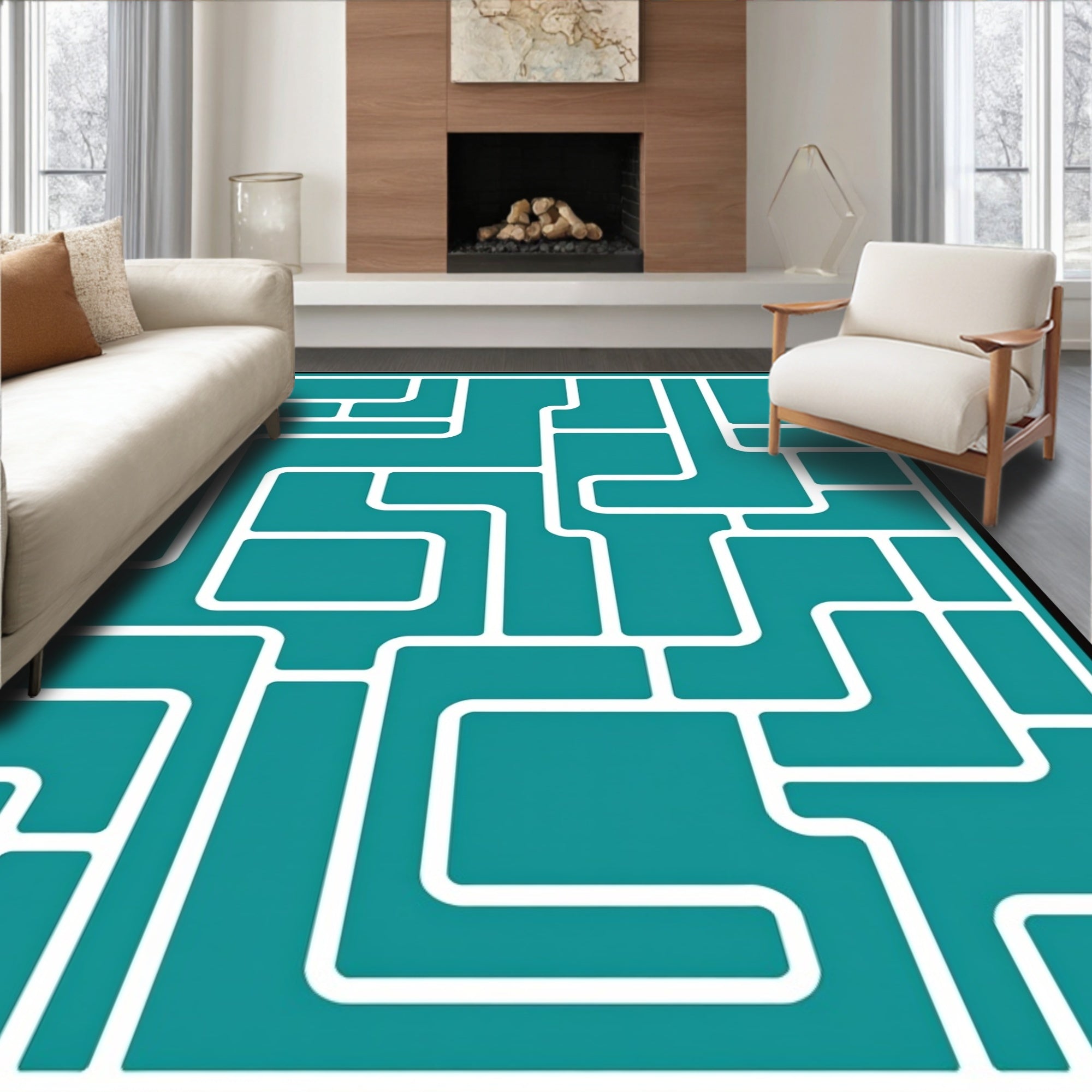 Teal White Interlocking Geometric Pattern Rug