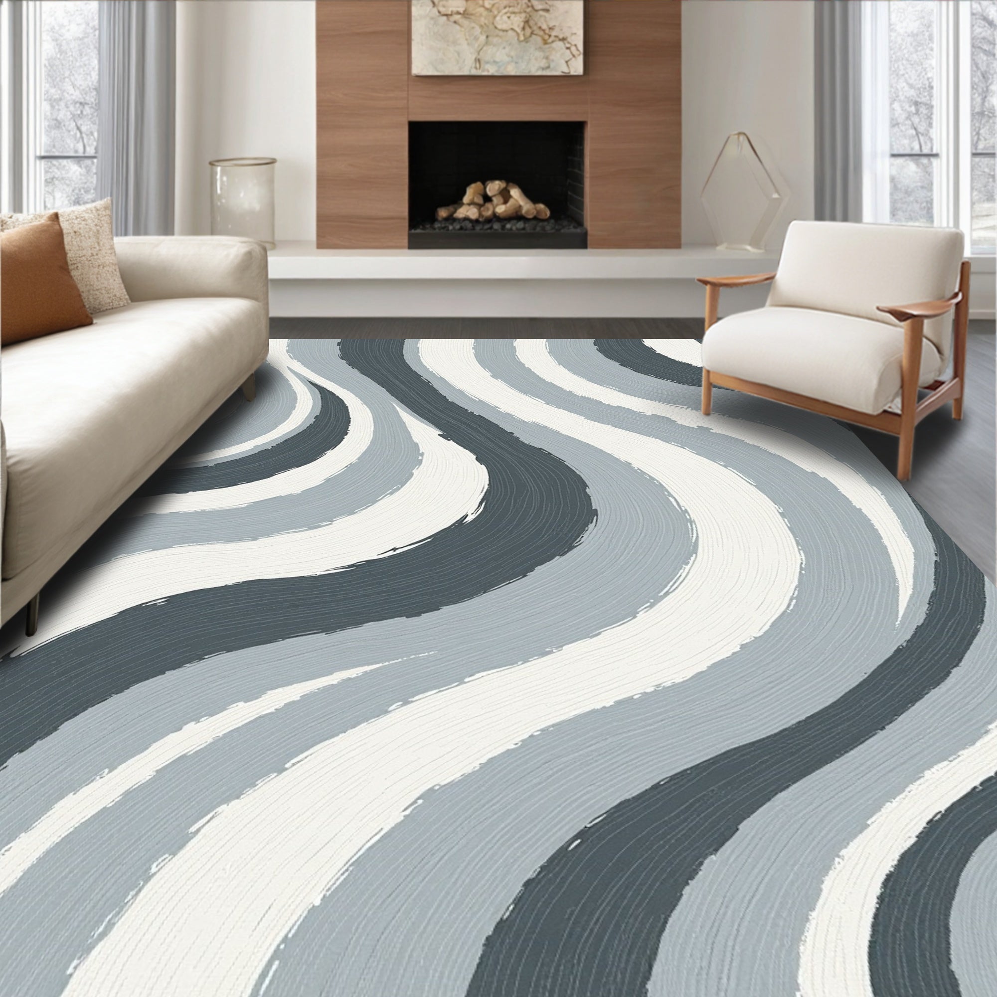 Subtle Gray Brushstroke Waves Rug