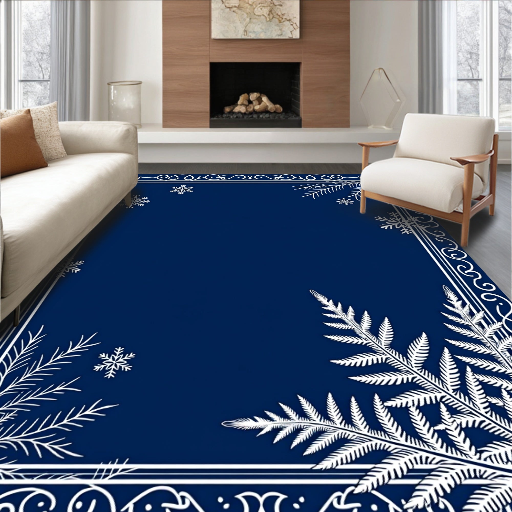 Winter Fern Snowflake Border Decor Rug