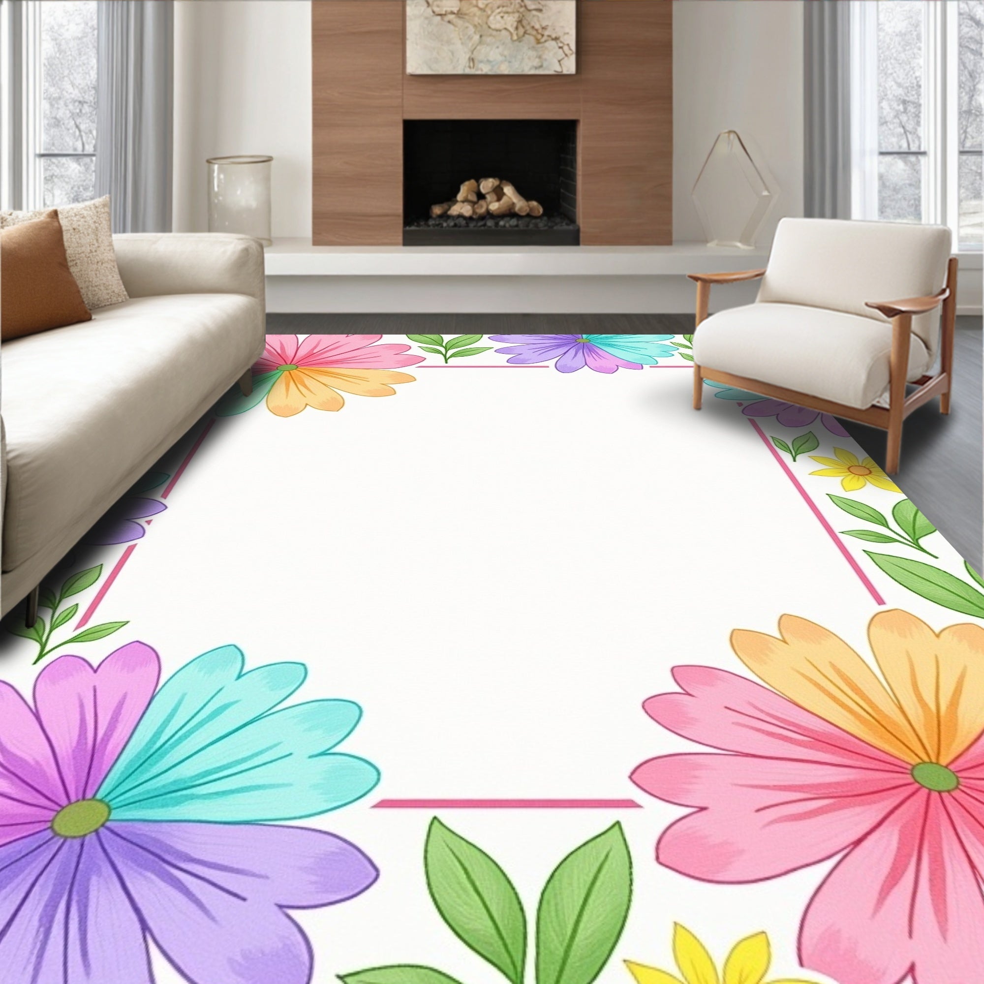 Multi Color Daisy Flower Border Design Rug