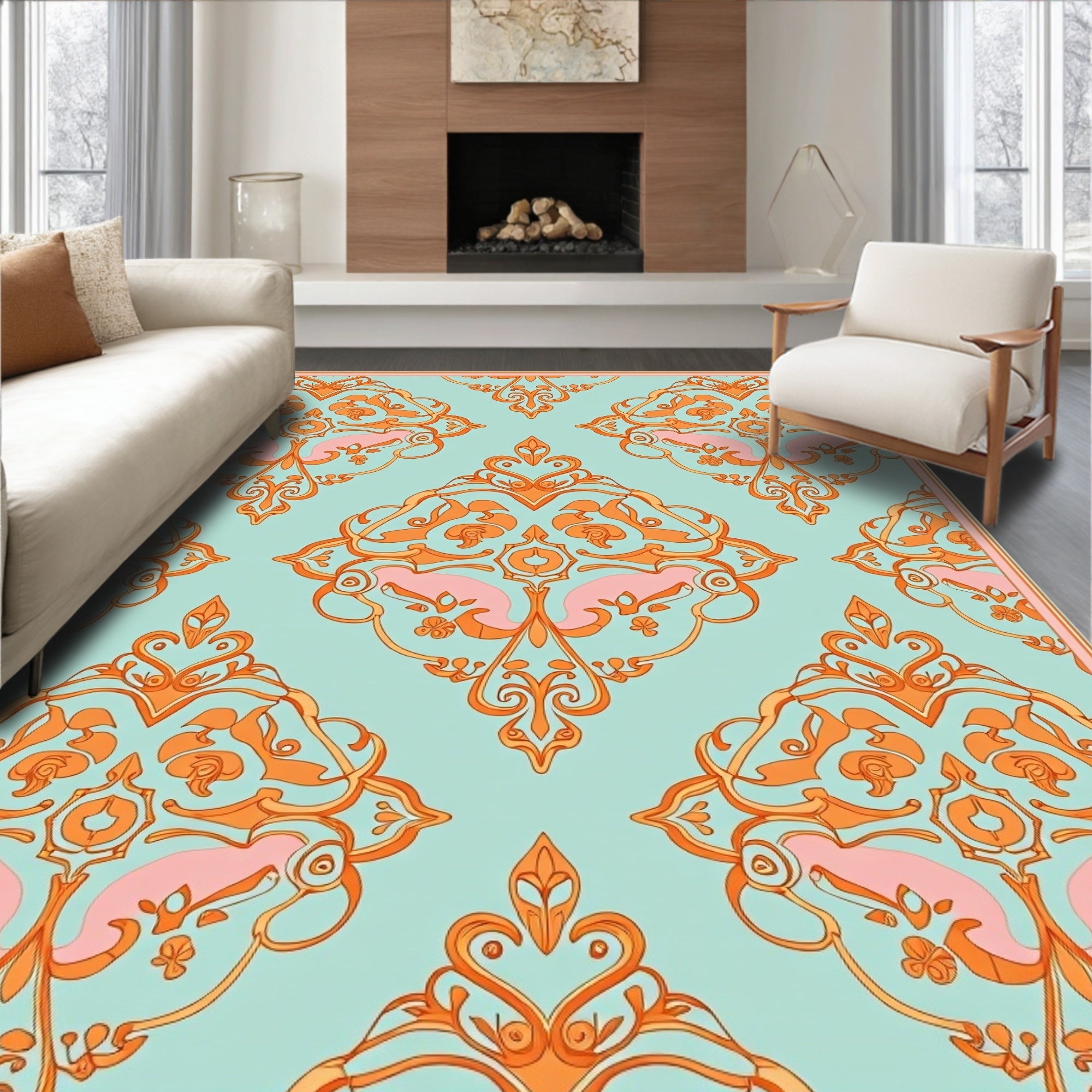 Elegant Orange Pink Damask Pattern Rug
