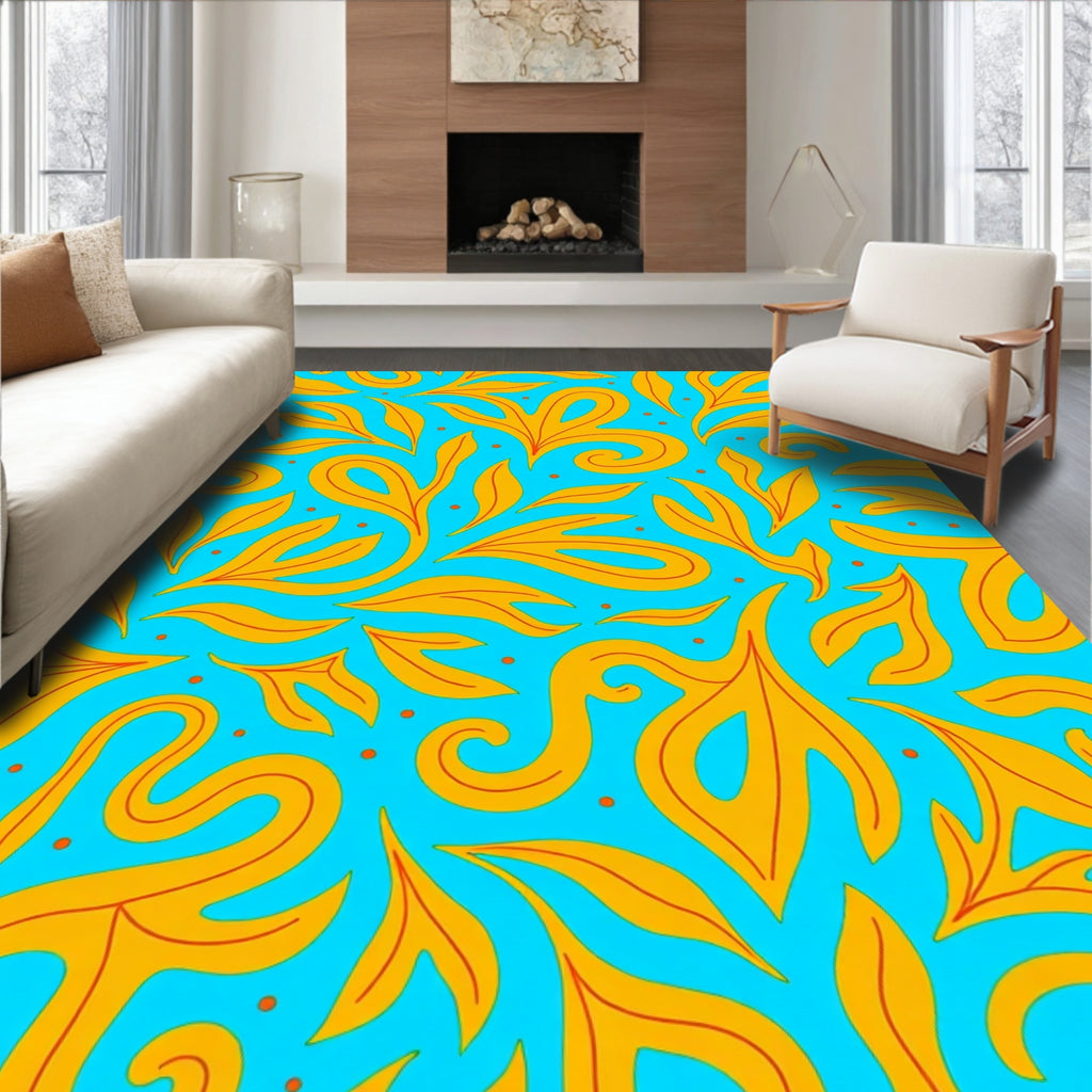 Sunny Yellow Swirls Leaves Pattern Rug