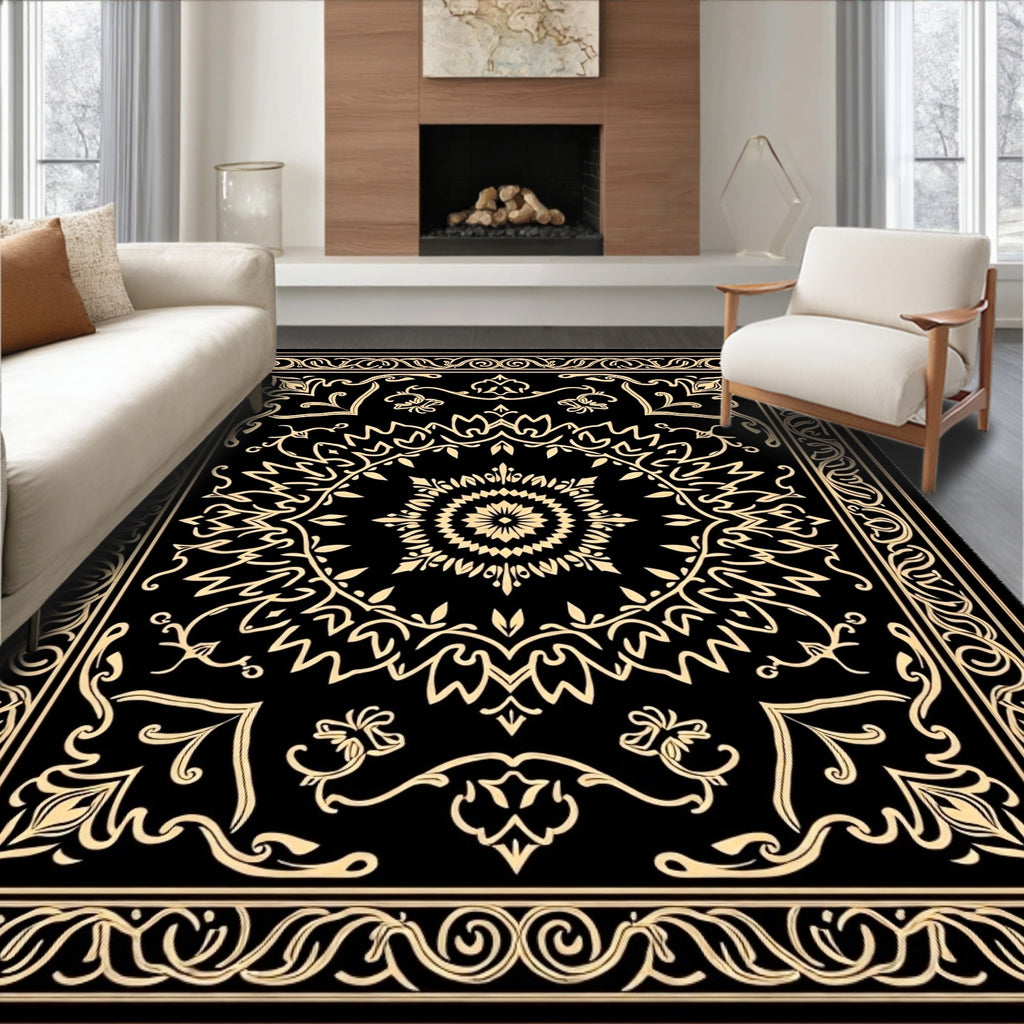 Black Gold Ornate Medallion Rug