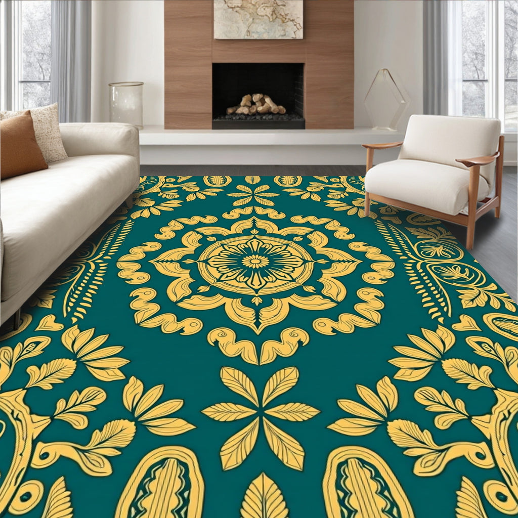 Ornate Teal and Ochre Mandala Rug