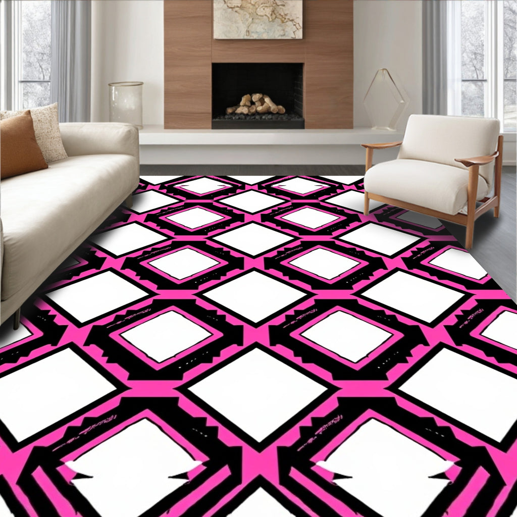 Bold Pink Black Diamond Geometric Rug